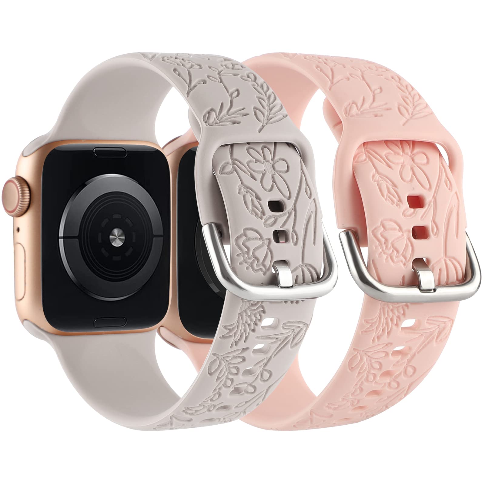 2 Pack Floral Engraved Sport Band for Apple Watch 38mm 40mm 41mm - Soft Silicone Replacement Strap Compatible with iWatch Series 8/7/6/5/4/3/2/1/SE - Women's Fashion Accessory for Workout, Running & Daily Wear