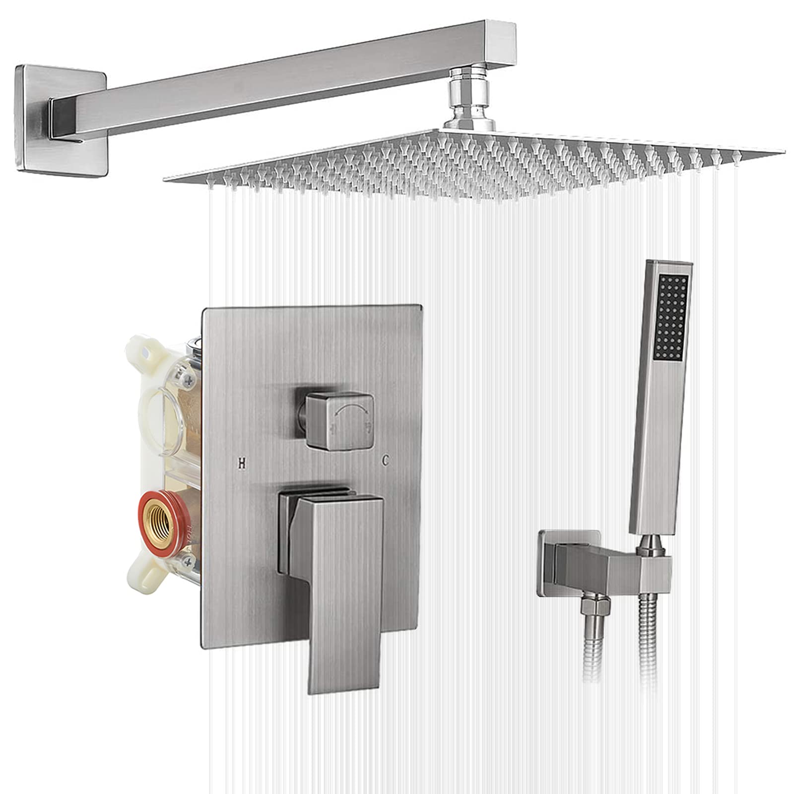 BWE 16 Inch Square Luxury Rain Shower Combo Set - Wall Mounted Rainfall Shower Head System with Brushed Nickel Faucet & Rough-in Valve - Perfect for Modern Bathroom Renovation & Spa-like Shower Experience