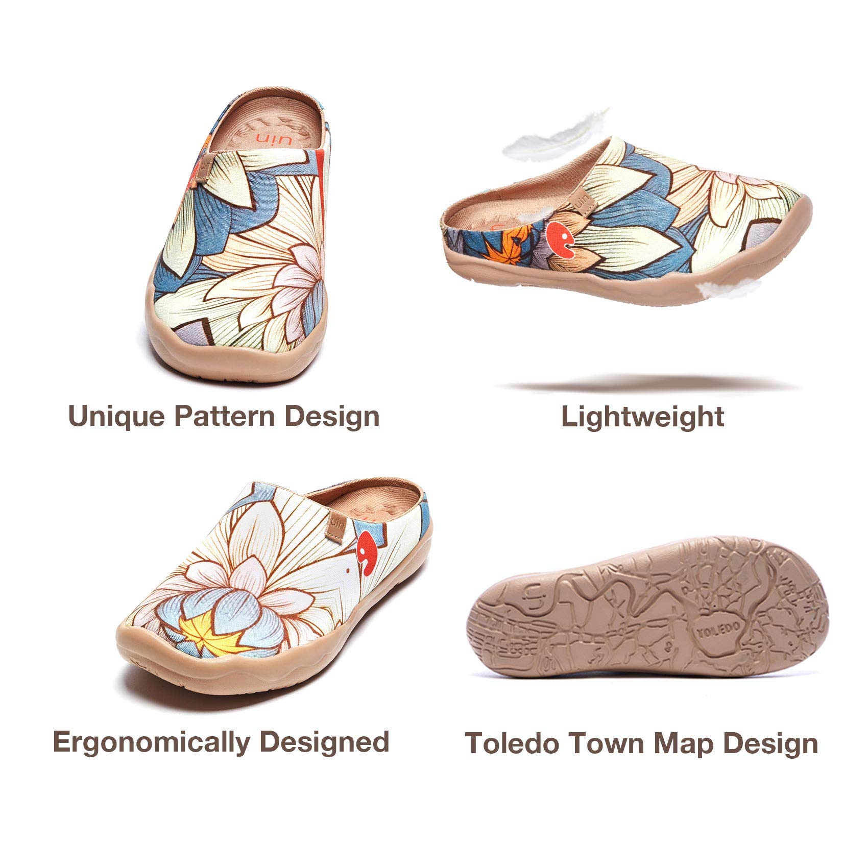UIN Women's Slip-On Mules - Comfortable Lightweight Clogs with Wide Toe & Artistic Paint Design - Malaga Series Casual Shoes for Travel, Walking & Everyday Wear