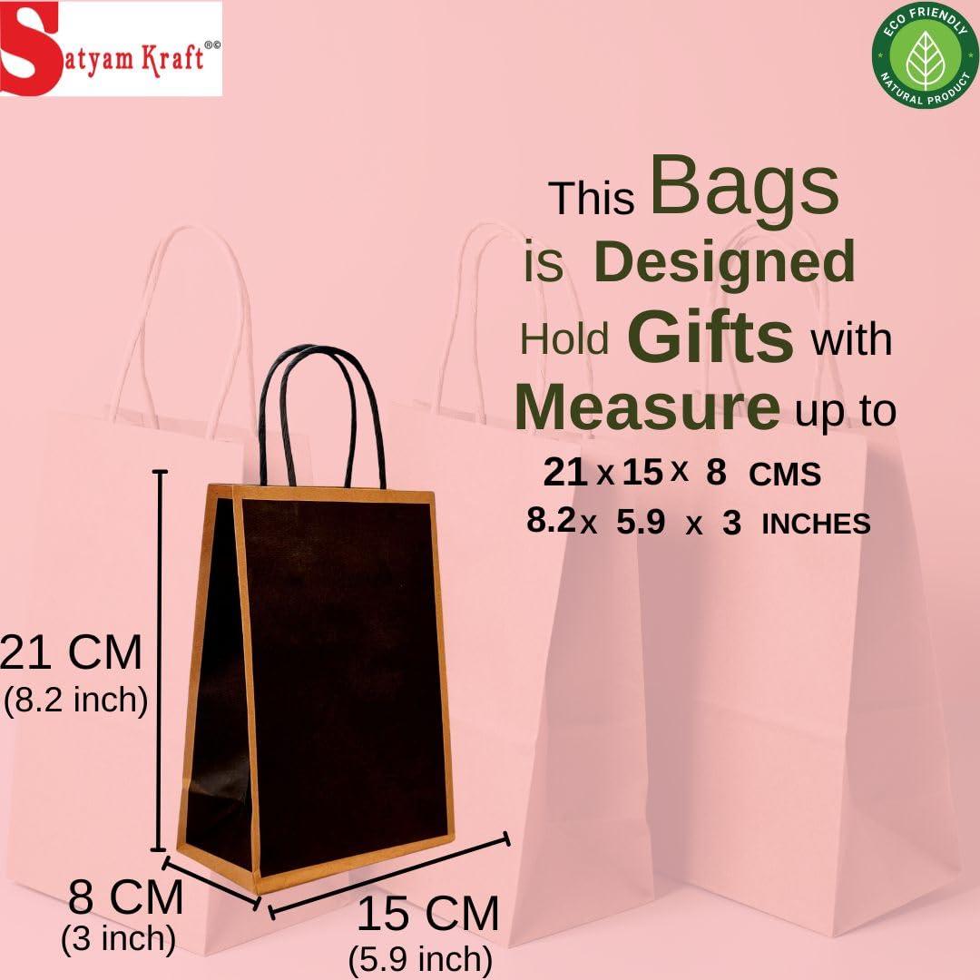Eco-Friendly SATYAM KRAFT 6-Pack Black Paper Gift Bags with Handles (21x15cm) - Perfect for Weddings, Birthday Parties, Christmas Gifts & Corporate Events