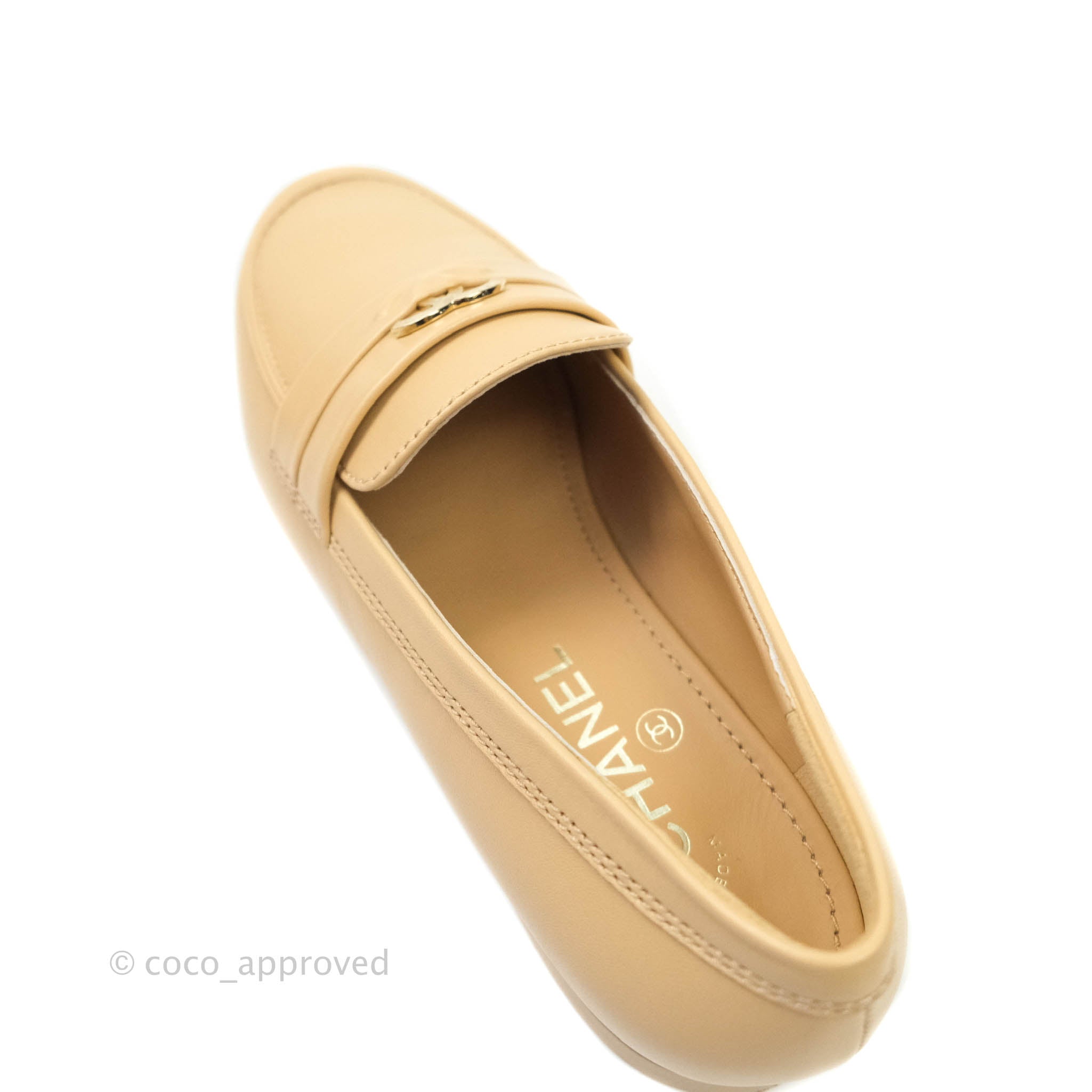 Chanel CC Beige Leather Loafers Women's Size 38 - Classic Luxury Flats for Office, Travel & Casual Outfits