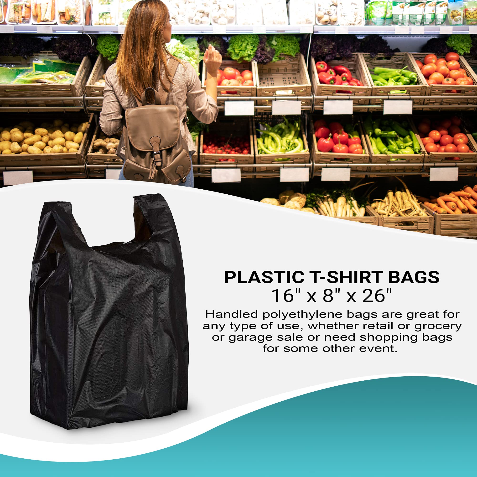 500 Pack Black Mini Jumbo T-Shirt Plastic Bags 16x8x26 - 18 Micron Thickness Polyethylene Shopping Bags with Handles for Retail Stores, Boutiques & Restaurants - Wholesale Bulk Packaging for Clothing, Gifts & Takeout Orders