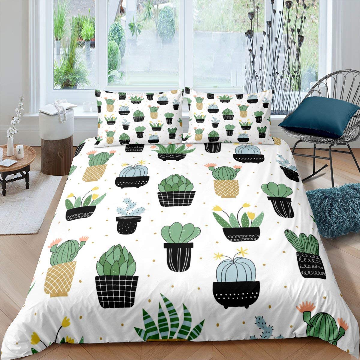 Erosebridal Cactus Duvet Cover Set - Prickly Pear Comforter Cover with Yellow Floral Blooming Petals, Twin Size 2Pcs, Garden & Boho Style Bedding for Spring/Summer - Perfect for Kids Rooms, Guest Bedrooms & Plant Lover Home Decor