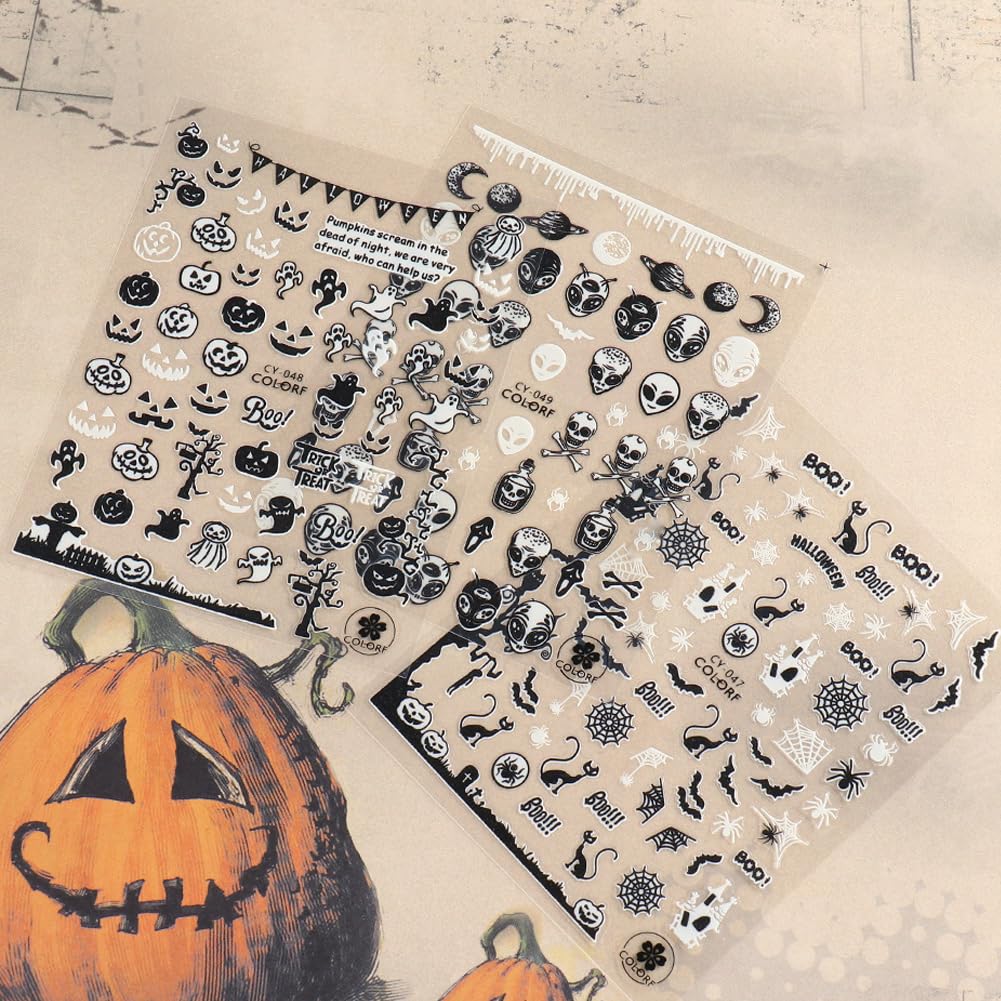 Glow in The Dark Halloween Nail Stickers - 6 Sheets Luminous Nail Decals with Spider Skull Bat Ghost Witch Designs - Day of The Dead Nail Art Supplies for Halloween Party, Costume Accessories & DIY Nail Art - Perfect for Trick or Treat, Halloween Events & Spooky Nail Designs
