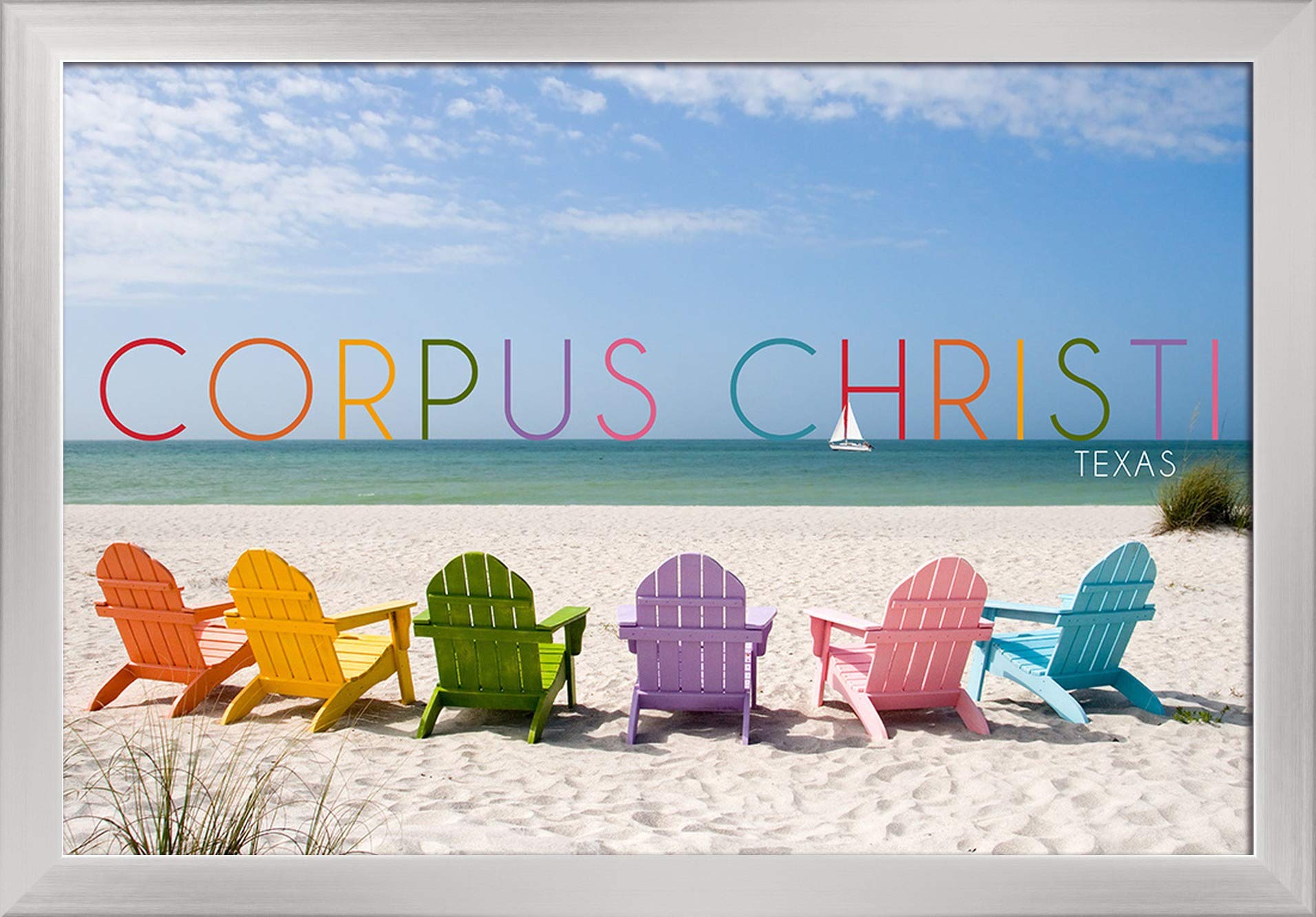 Texas Corpus Christi Beach Chairs - 16x24 Inch Giclee Fine Art Print with Recycled Wood Frame in Silver | Coastal Home Decor, Living Room Wall Art, Beach House Gift