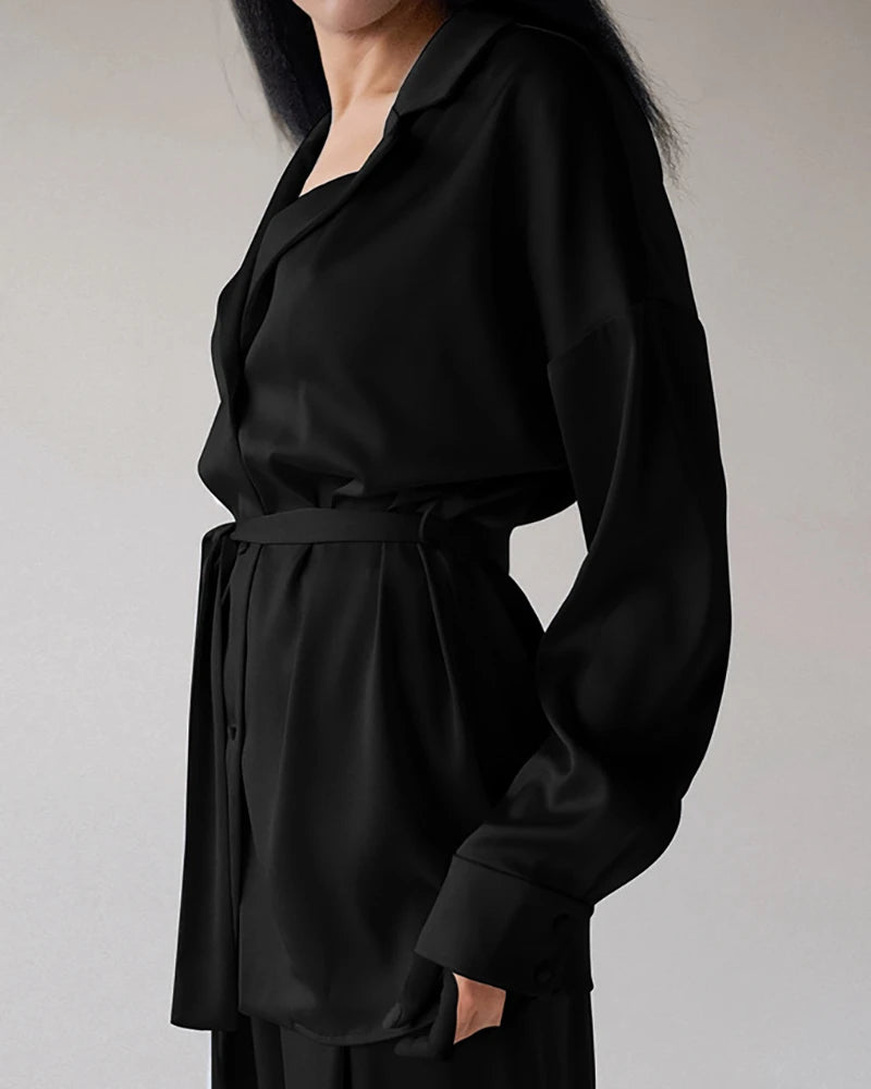 Luxury Oversized Silk Pajama Set for Women with Adjustable Belt - Soft Comfortable Sleepwear for Nighttime Relaxation & Spa Days