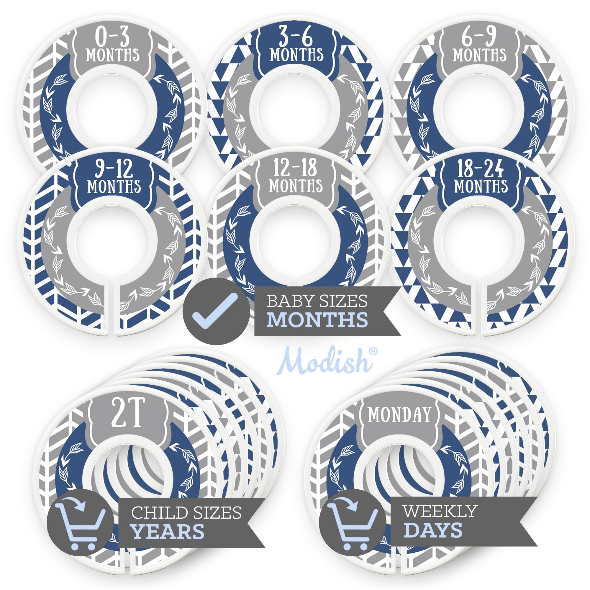 Wooden Baby Clothes Size Dividers & Closet Organizers - Nursery Storage for Boys, Woodland & Tribal Arrow Design in Navy Blue & Gray - Perfect for Nursery Organization & Baby Shower Gifts