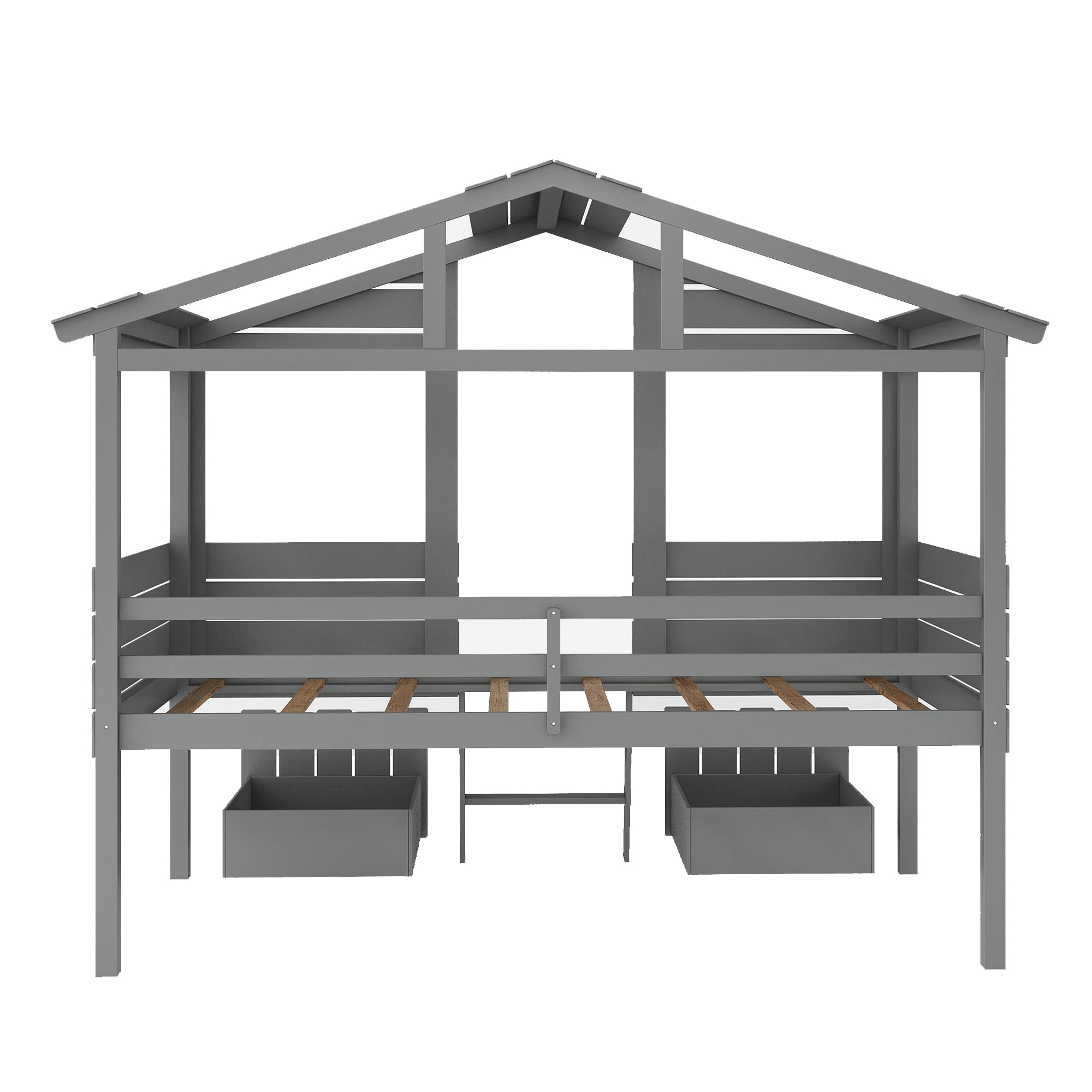 Kids Twin Size Wood Loft Bed with Two Drawers, Windows & Roof Design - Fence-Shaped Guardrails & Short Ladder - Perfect for Boys & Girls Bedrooms (Gray) - Space-Saving Solution for Small Rooms & Fun Sleepovers