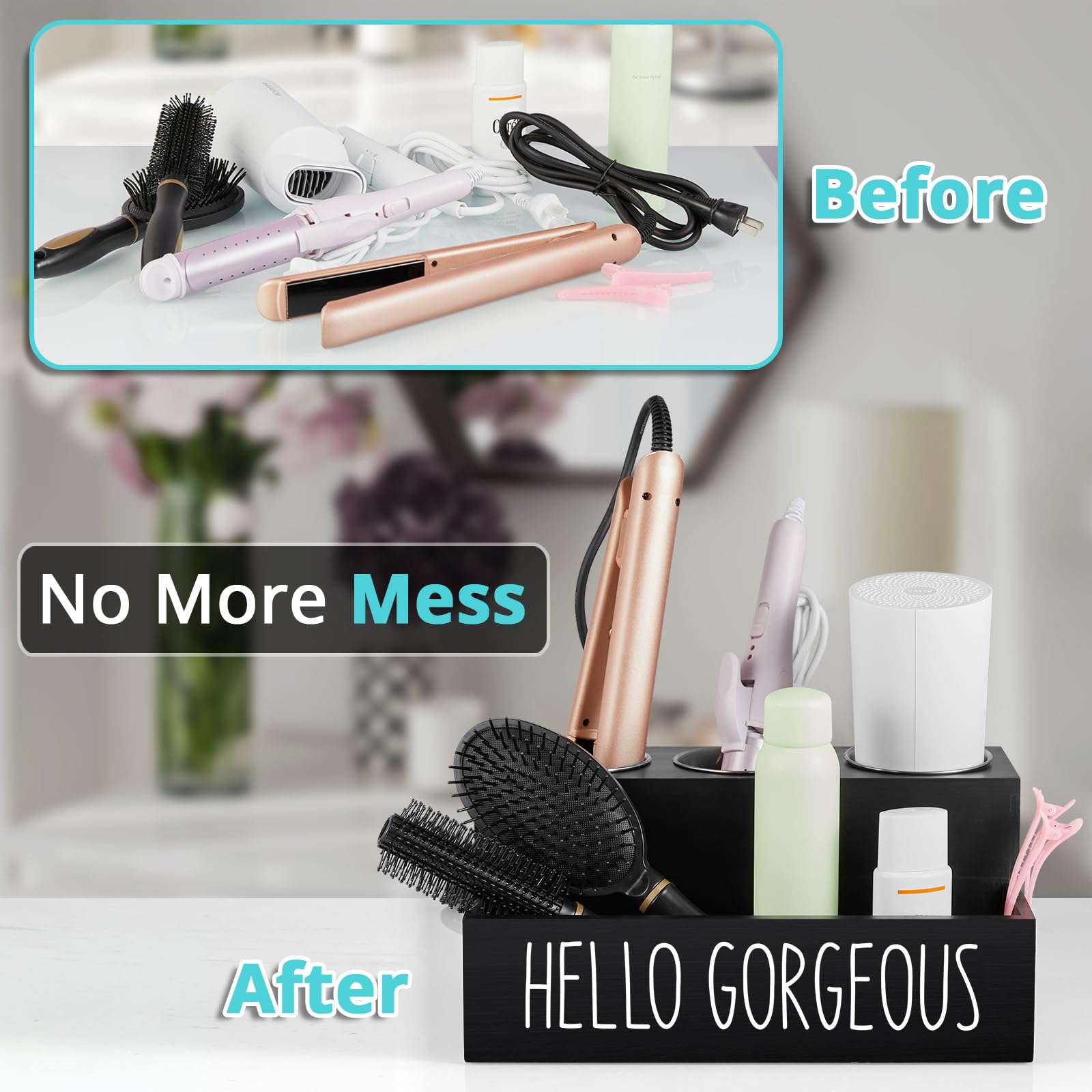 Wooden Hair Tool Organizer - Wall Mount & Countertop Holder for Hair Dryer, Curling Wand & Styling Tools | Bathroom Vanity Caddy | Perfect for Salon, Home & Travel Use (Black)