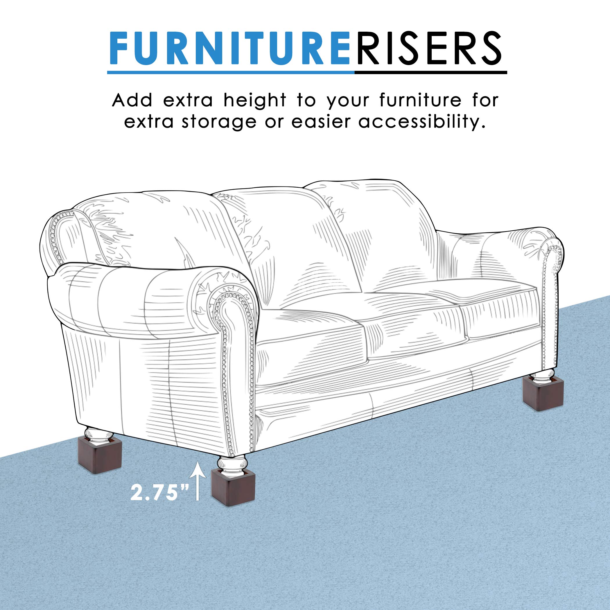 Richards Homewares 98041000 Espresso Wood Bed Lifters (Set of 4) - Fits 2.75 x 2.75 Bed Feet - Elevate Your Bed for Extra Storage Space & Improved Airflow - Perfect for Small Bedrooms, Dorm Rooms & Underbed Organization