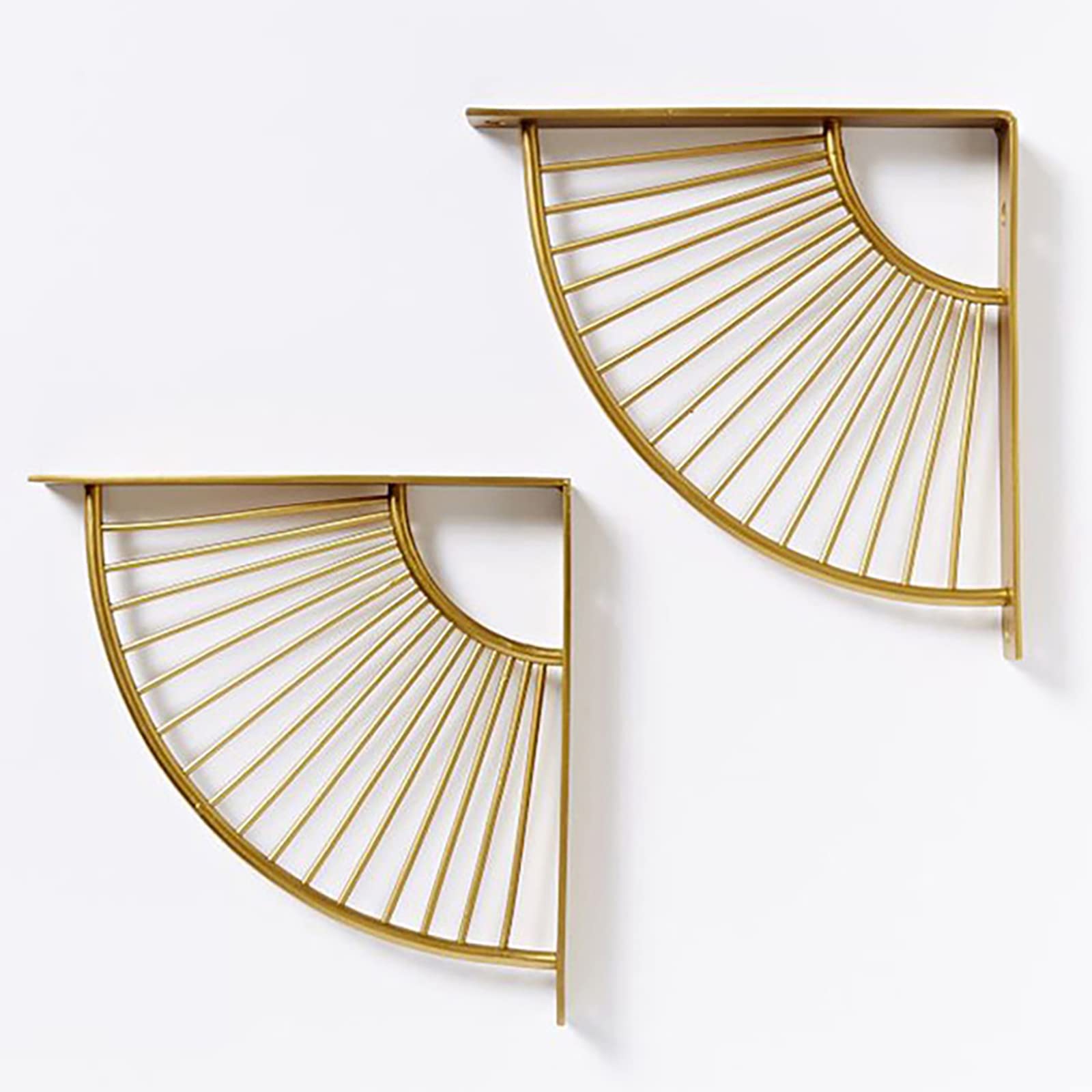 2Pcs Heavy Duty Metal Fan-Shaped Floating Shelf Brackets - Gold Wall Mounted Corner Braces for Right Angle Shelf Support (15cm/6in) - Perfect for Home Decor, Bookshelf Display & Bathroom Storage