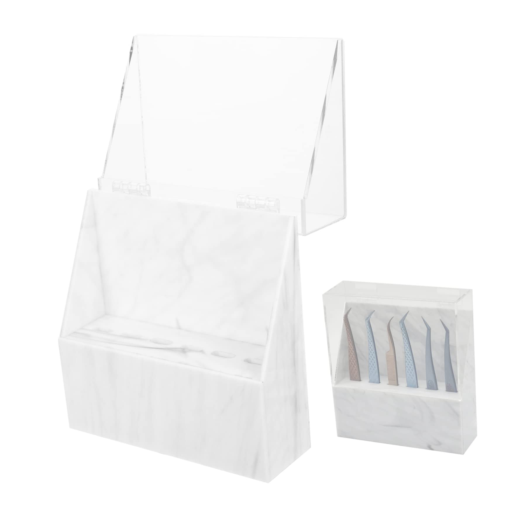 Healeved 6-Hole Acrylic Tweezers Stand - Professional Makeup Tweezers Holder for Eyebrow & Eyelash Extensions - Salon Organizer with Marble Design - Perfect for Beauty Salons, Makeup Artists & Home Vanity Stations