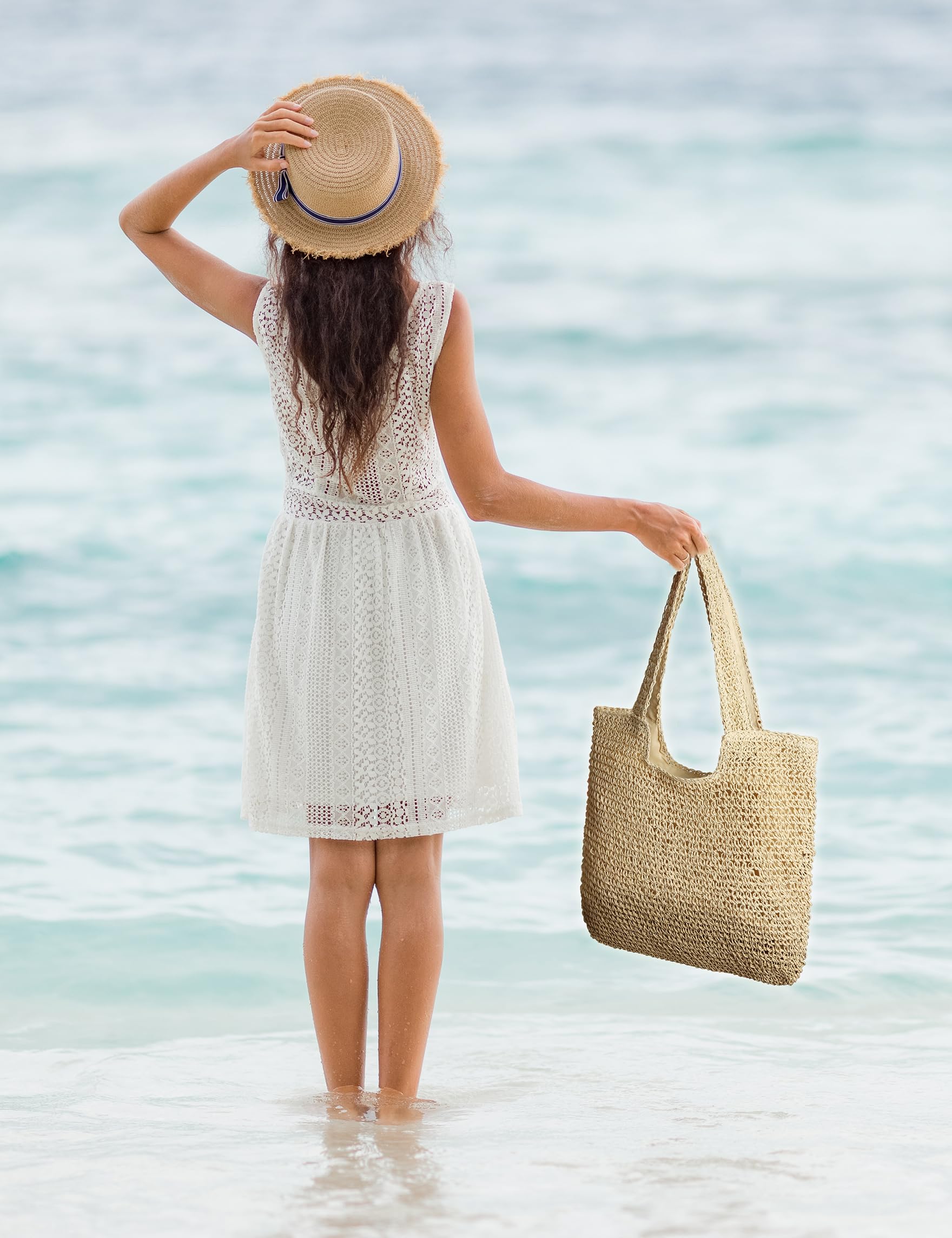 Women's Woven Straw Beach Tote Bag - Large Capacity Summer Shoulder Bag for Vacation, Travel & Shopping - Natural Beige