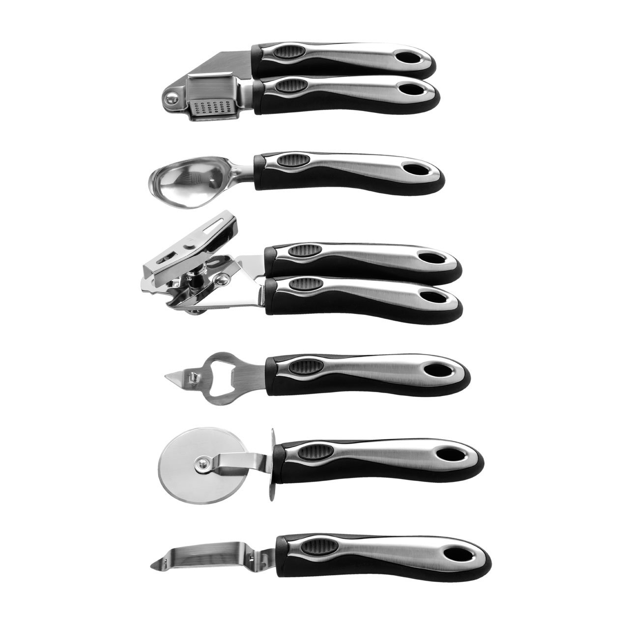 Premium 6-Piece Chrome Finish Kitchen Gadget Set with Stand - Includes Bottle Opener, Can Opener, Garlic Press, Peeler & Pizza Cutter - Stainless Steel Blades - 24x12x12cm - Perfect for Home Cooking, Meal Prep & Hosting Parties