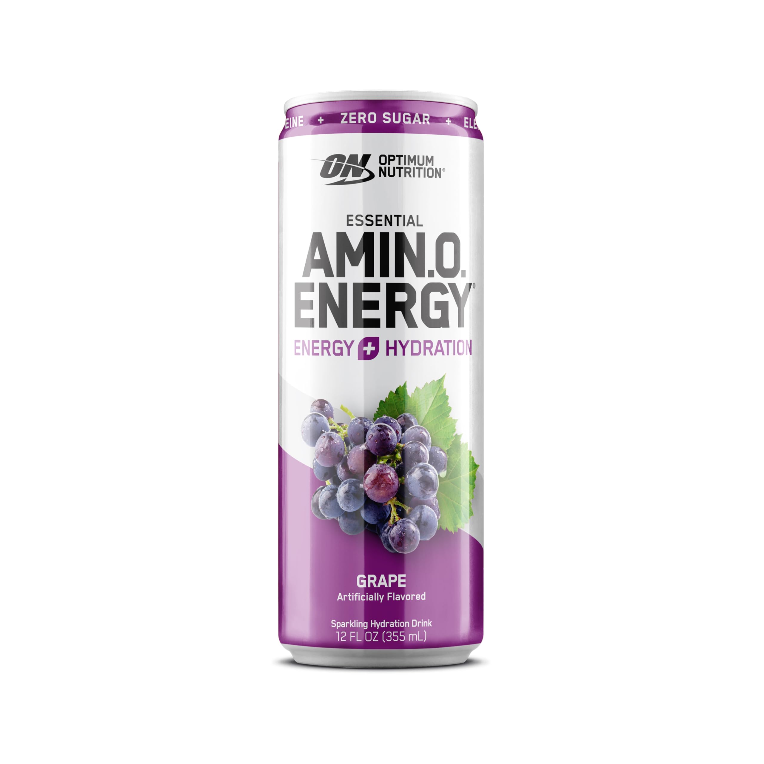 Optimum Nutrition Amino Energy Sparkling Hydration Drink with Electrolytes, Caffeine & BCAAs - Sugar Free Grape Flavor, 12 Fl Oz (12 Pack) | Pre-Workout Boost, Post-Workout Recovery & Daily Hydration Support