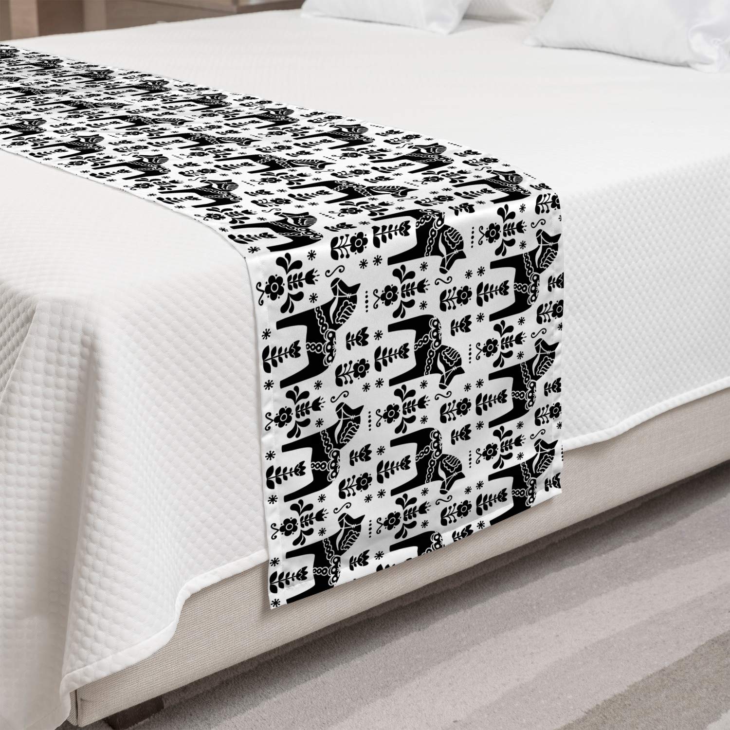 Ambesonne Nordic Bed Runner - Swedish Folk Art Dalecarlian Horse & Floral Pattern Decorative Bed Scarf | Black & White Home Decor for Bedroom, Hotel & Guest Room Accent