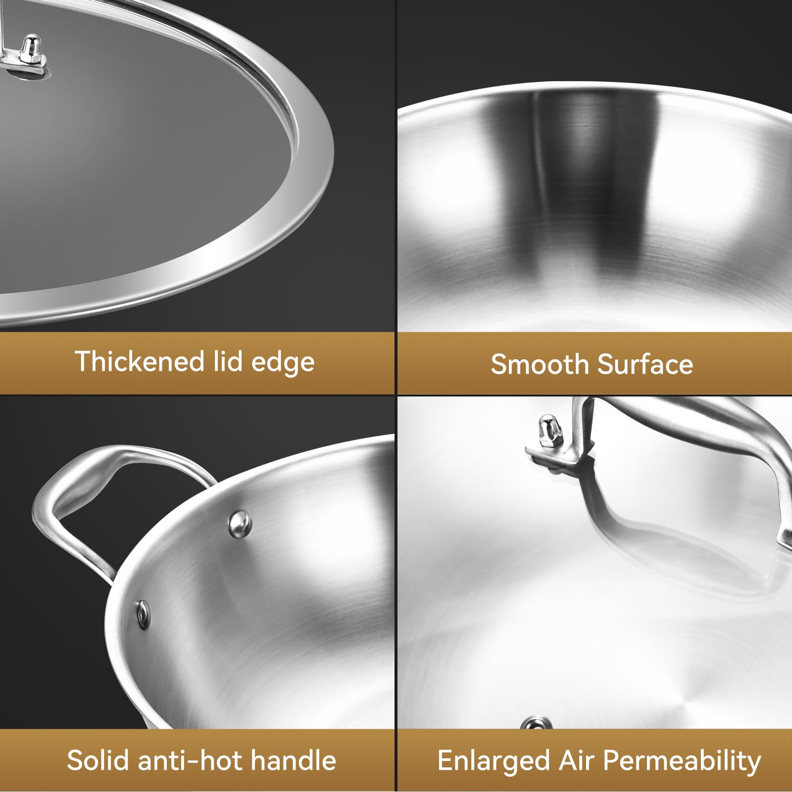 12 Inch Tri-Ply Stainless Steel Wok Pan with Lid - 5 QT Kadai Pan, Jumbo Cooker for Induction Cooking | Heavy Duty, Dishwasher & Oven Safe | Perfect for Stir-Frying, Deep Frying & Asian Cuisine