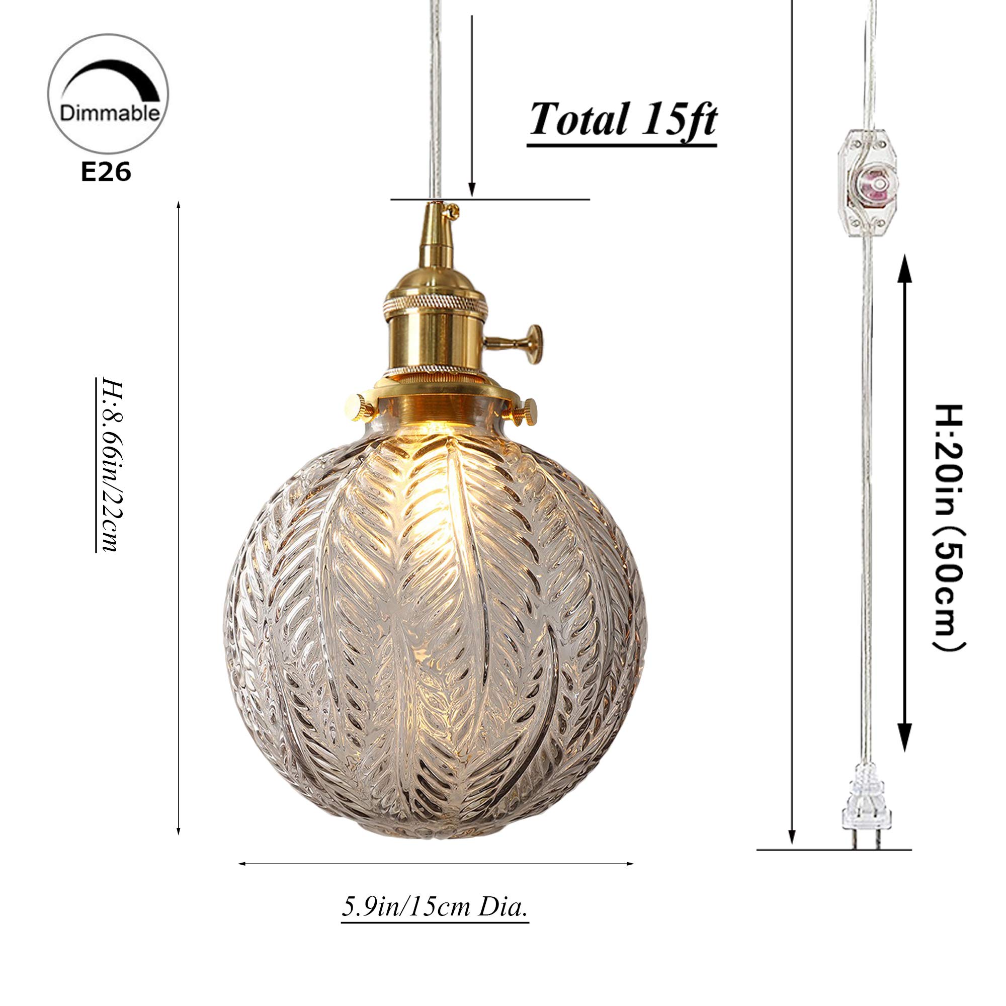 Plug-in Hanging Swag Lamp with 15ft Cord & Dimmer Switch - Smokey Grey Glass Globe Shade, Copper Holder, No Wiring Needed - Perfect for Kitchen Island, Dining Room, or Bedroom Lighting