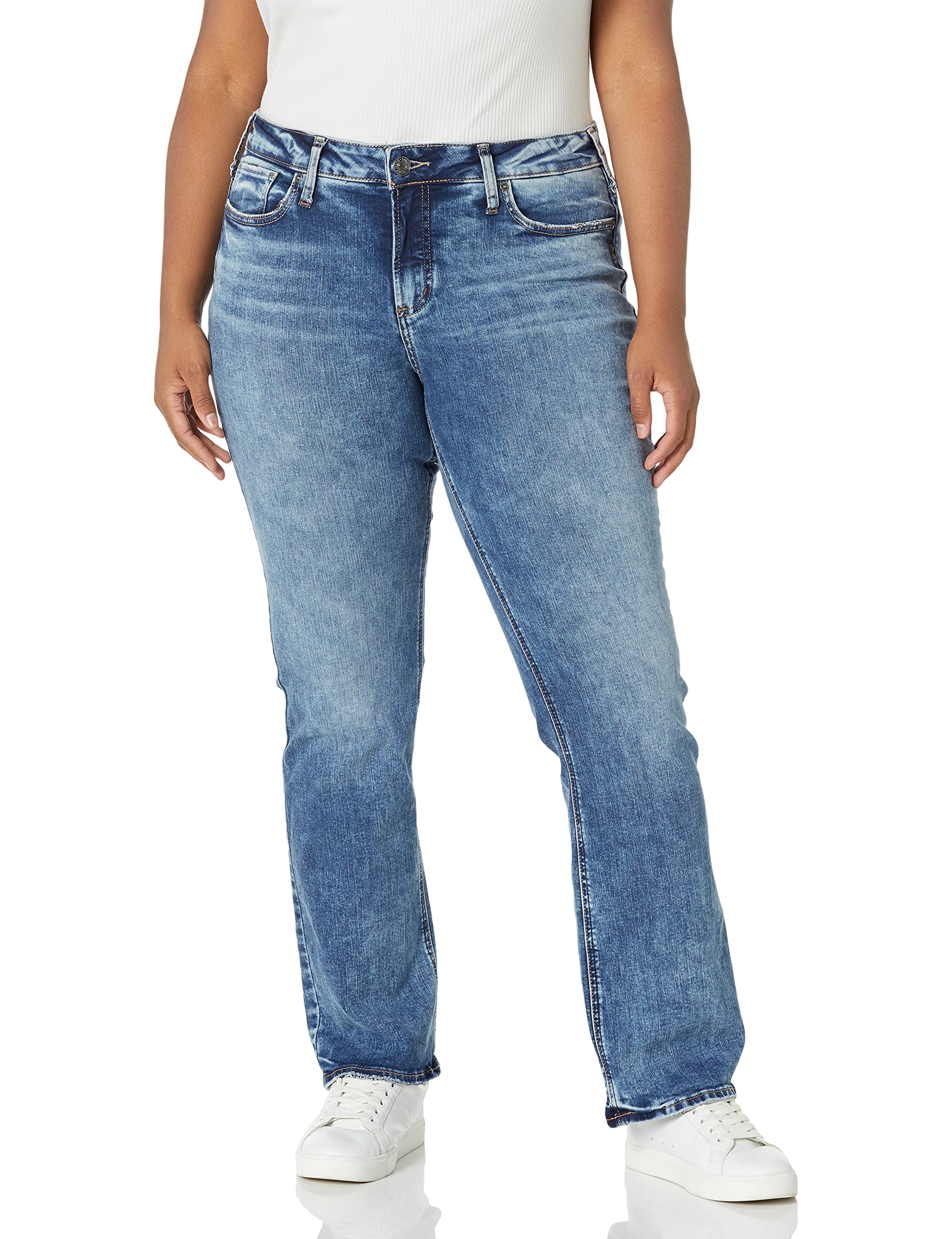 Silver Jeans Co. Women's Plus Size Elyse Mid Rise Slim Bootcut Jeans - Comfortable Stretch Denim Pants for Curvy Figures | Perfect for Work, Casual Outings & Date Nights