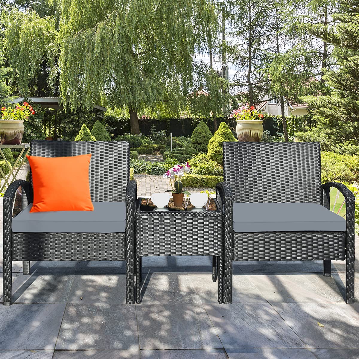 Tangkula 3-Piece Outdoor Patio Furniture Set - Grey Rattan Sofa with Cushions & Coffee Table - Weather-Resistant Wicker Conversation Set for Garden, Balcony, Backyard, Poolside (Perfect for Relaxing, Entertaining Guests & Outdoor Dining)