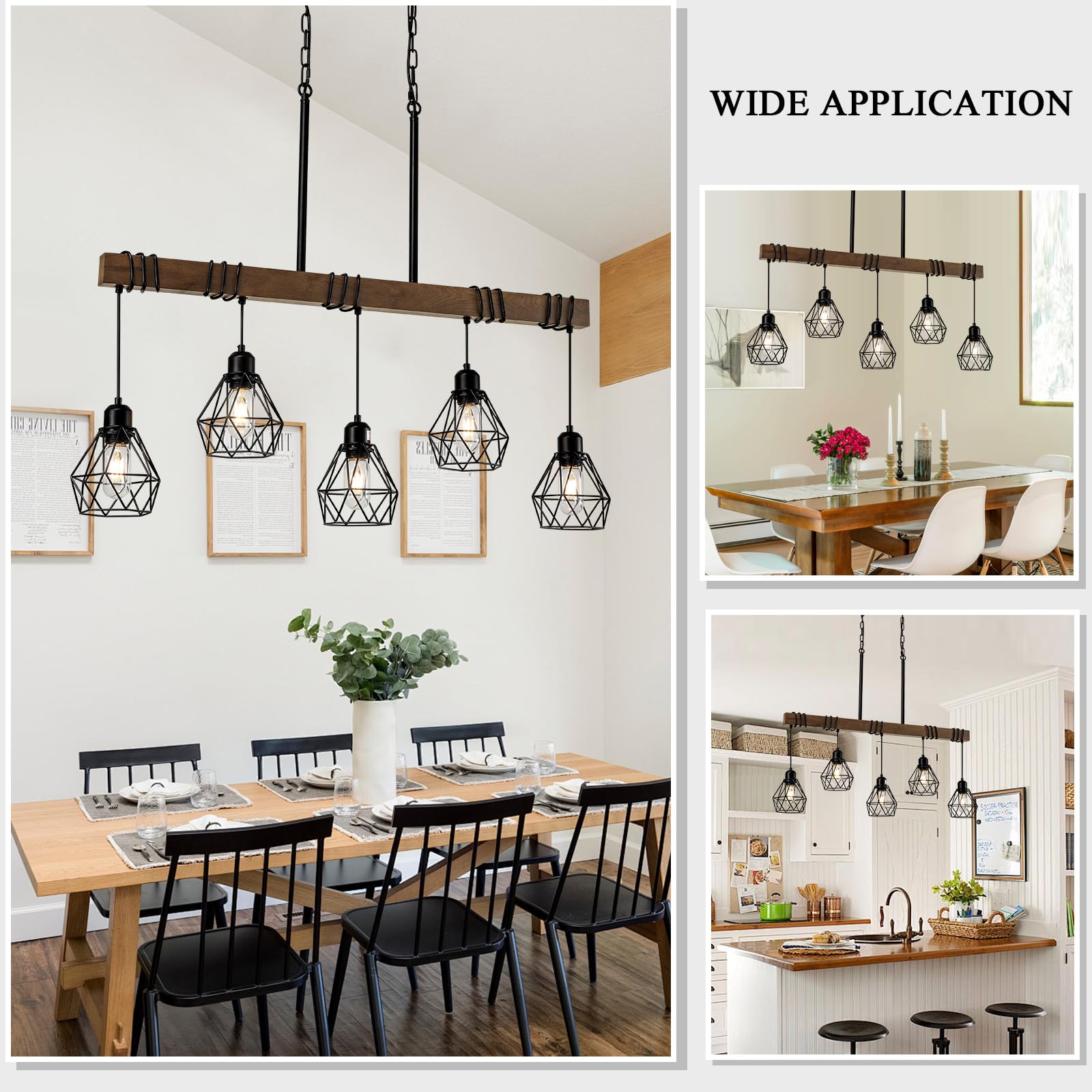 5-Light Farmhouse Linear Chandelier - Matte Black Rustic Wood Ceiling Pendant Light with Metal Lampshade for Kitchen Island, Dining Room Table | Modern Farmhouse Decor Lighting Fixture