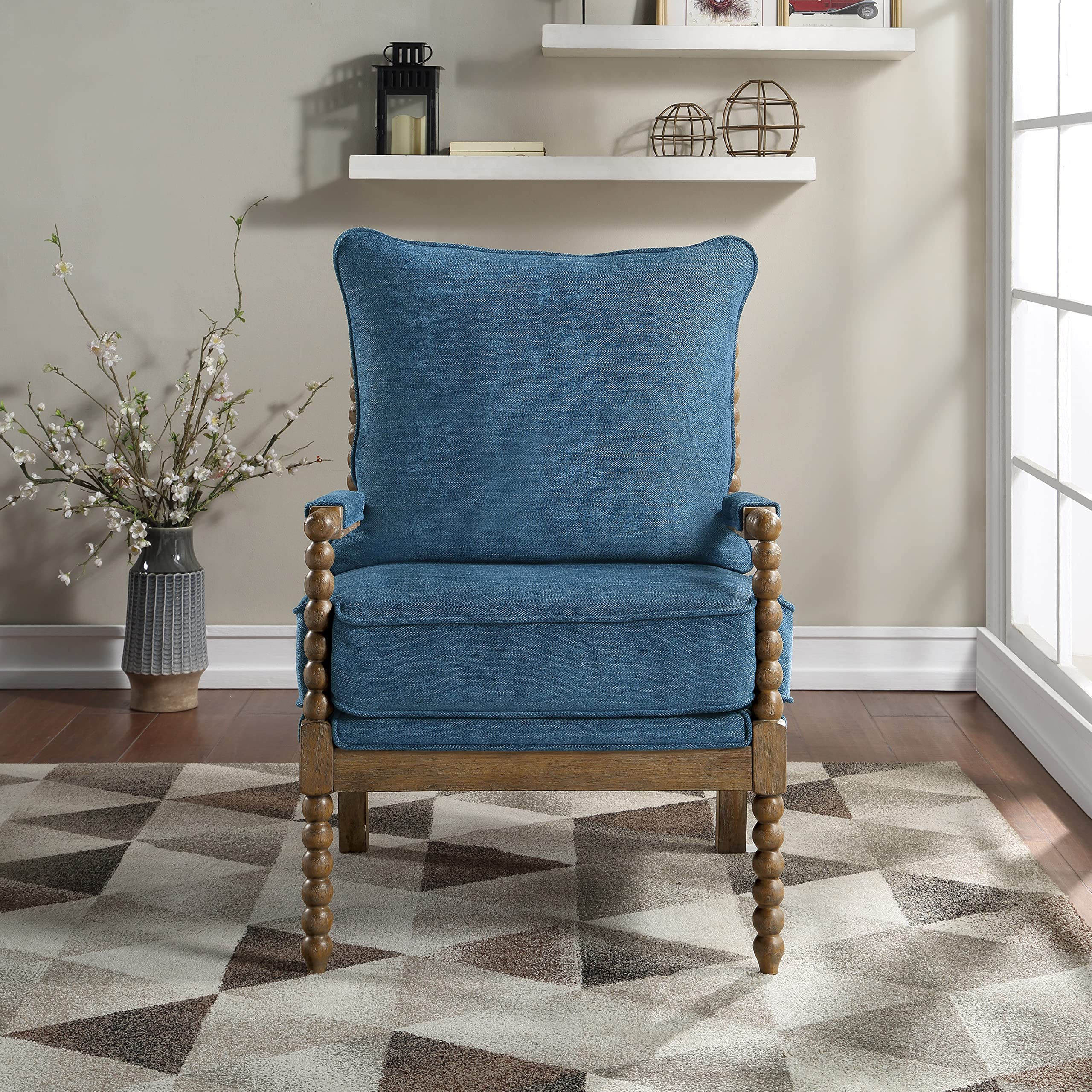 OSP Home Furnishings Fletcher Spindle Accent Chair - Rustic Brown Finish with Navy Blue Upholstery | Perfect for Living Room, Bedroom or Office Decor