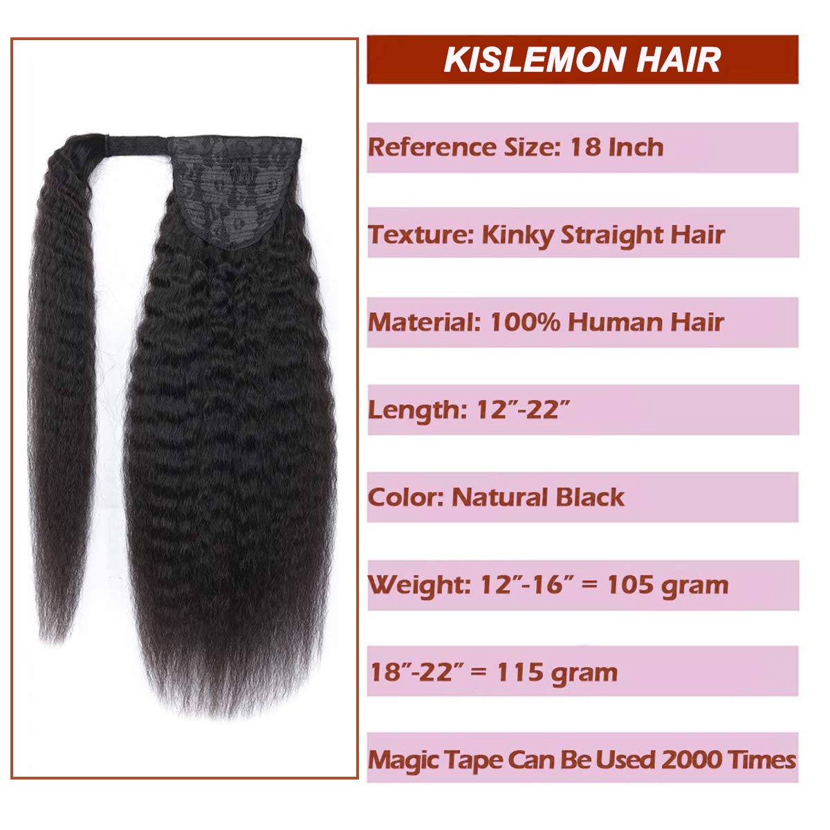 Wrap Around Long Kinky Straight Ponytail Hair Extensions - 26 Inch Clip-in Ponytail Human Hair Extensions for Women - Natural Black Yaki Straight Remy Hair - Perfect for Parties, Weddings & Everyday Styling