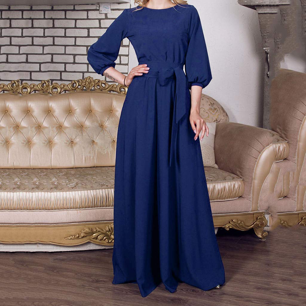 Women's Plus Size Summer Casual Party Dress - Lantern Sleeve Solid Long Dress with Belt | Beach Vacation, Garden Wedding & Evening Outfit