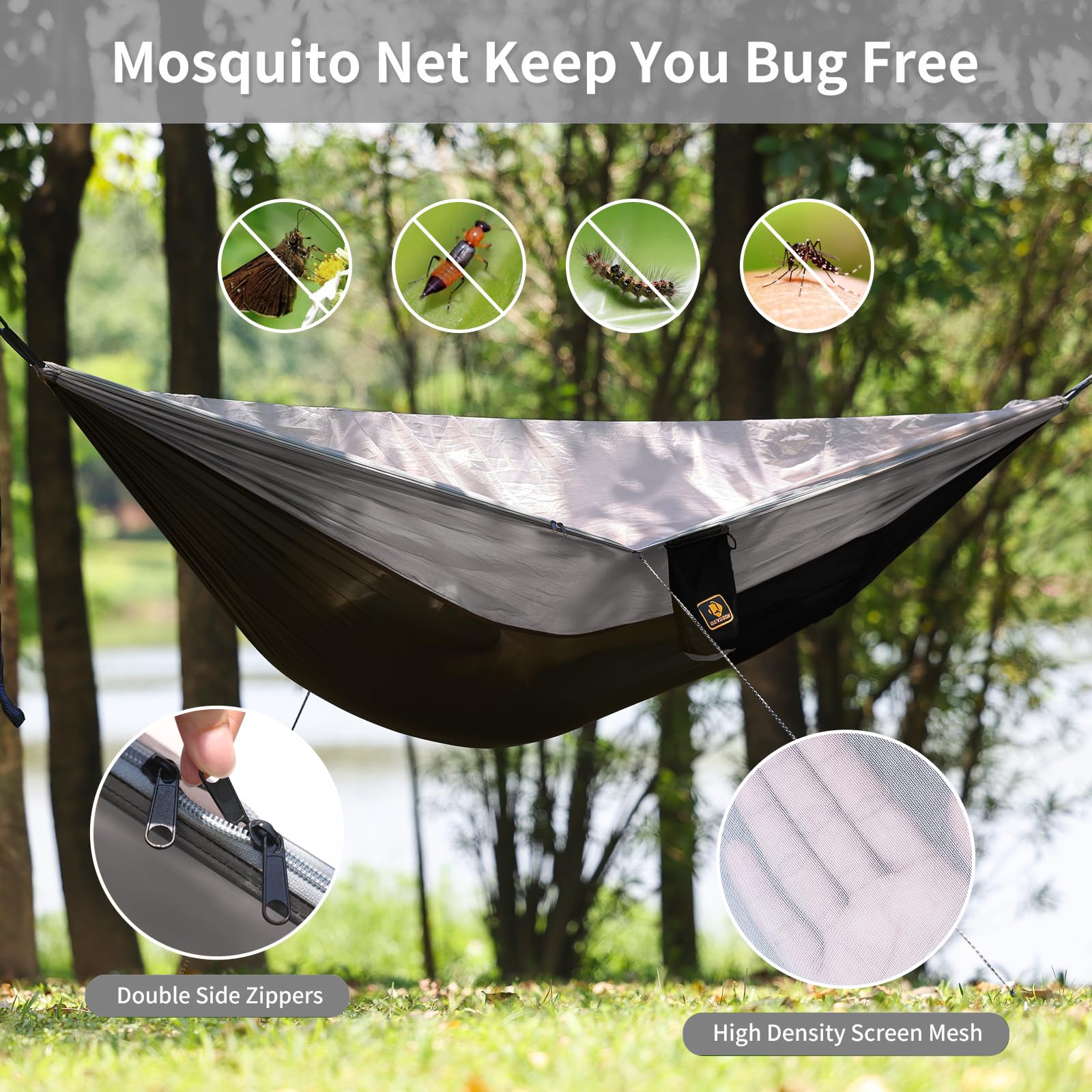 **Portable Camping Hammock with Mosquito Net - Lightweight Nylon Parachute Hammock for Travel, Hiking & Backpacking - Includes 10ft Tree Straps - Perfect for Beach, Patio & Outdoor Adventures (Black & Grey)**