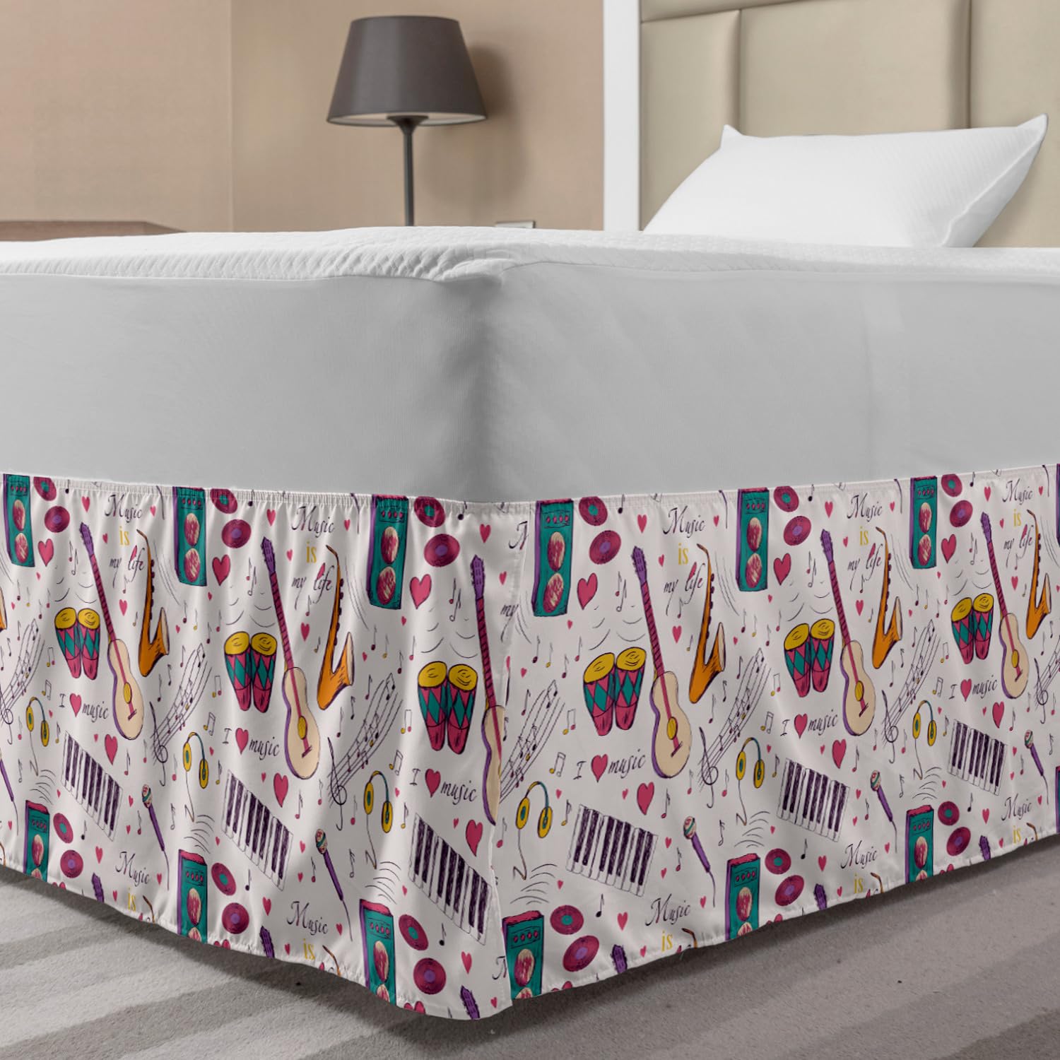 Ambesonne Music Themed Elastic Bed Skirt - Drums, Speakers, Keyboard & Headphones Print - Wrap Around Dust Ruffle for Full Size Beds - Multicolor Design for Music Lover's Bedroom Decor