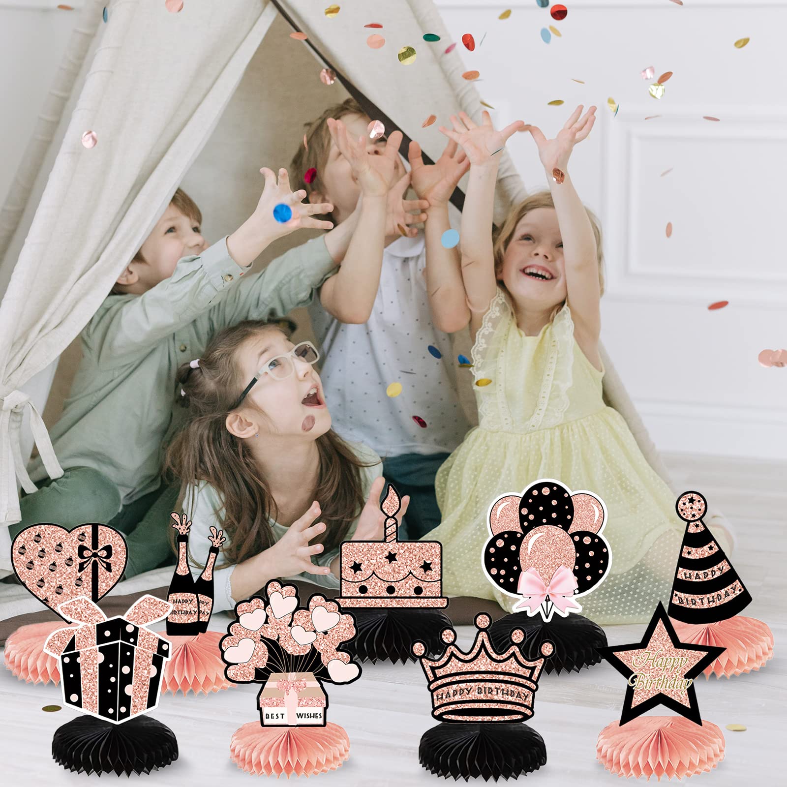 SPOKKI 10-Piece Rose Gold Birthday Party Decorations Set - Honeycomb Table Centerpieces, Cake Toppers & Table Decor for Birthday Celebrations - Perfect for Home Parties, Baby Showers & Anniversary Events