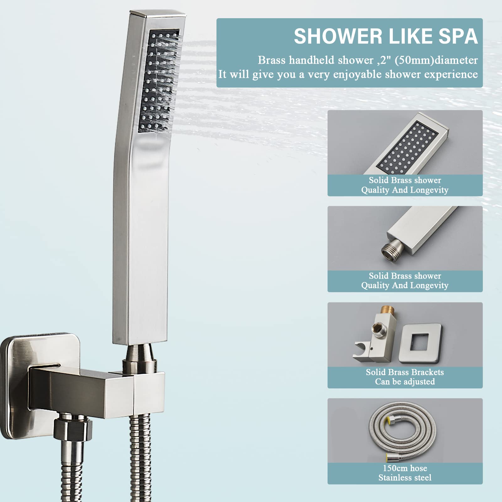 12 Inch LED Square Showerhead with Handheld Spray - SUS304 Stainless Steel Shower System Kit (Brushed Nickel) - Perfect for Modern Bathrooms & Spa-Like Shower Experience