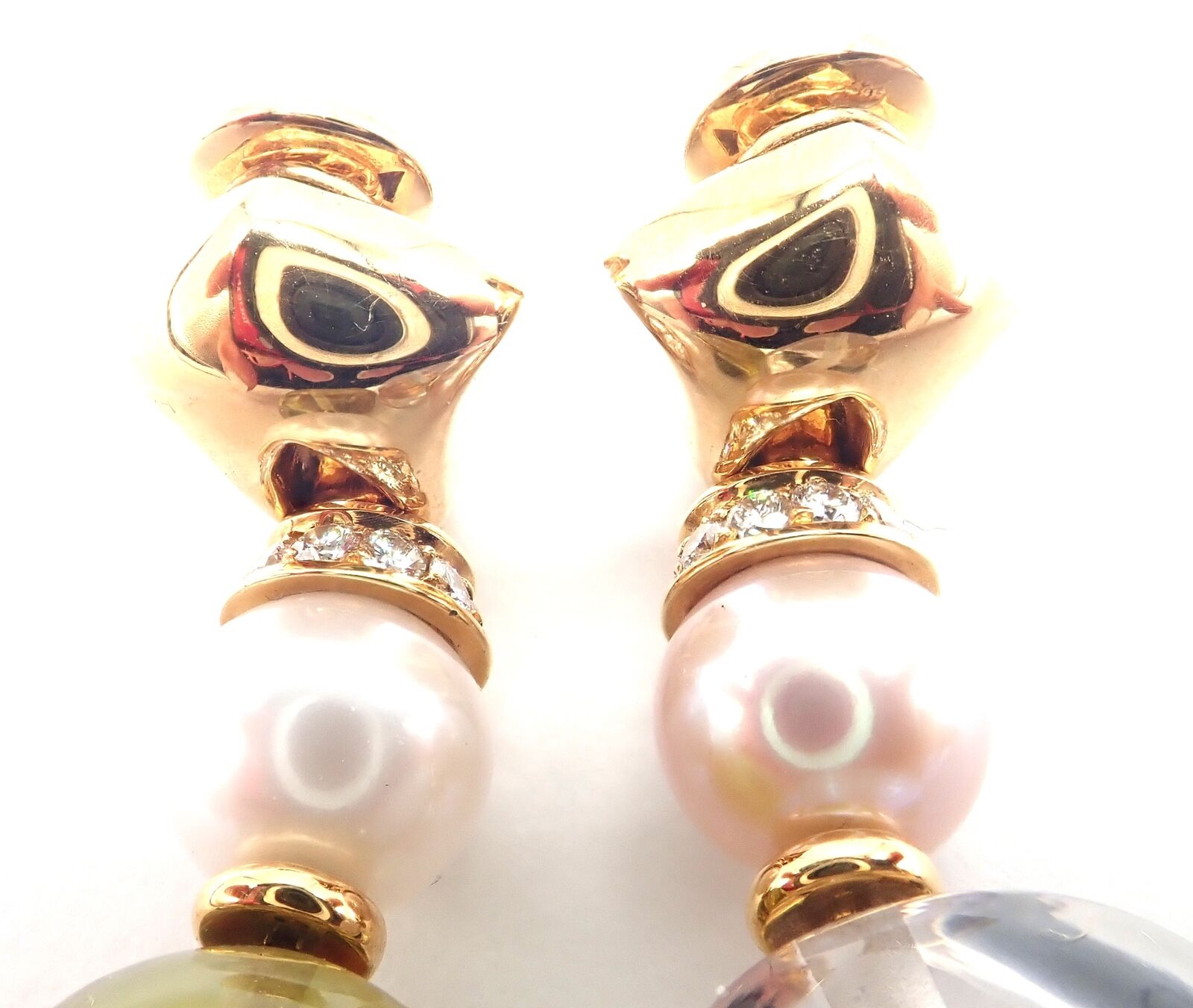 Authentic Bulgari Bvlgari 18k Gold Diamond Pearl Peridot Crystal Drop Earrings for Women - Luxury Statement Jewelry for Parties, Weddings & Special Occasions