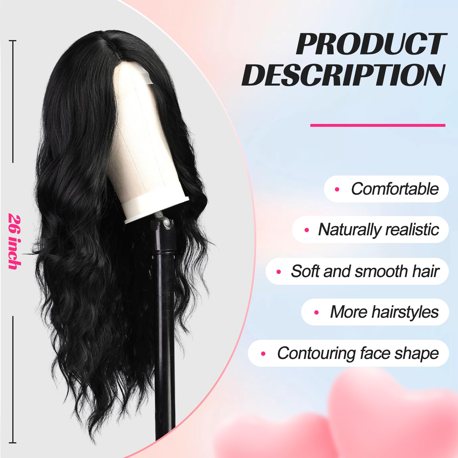 EMMOR 26 Inch Long Black Wavy Lace Front Wig for Women - Heat Resistant Synthetic Curly Wig with Natural Middle Part | Perfect for Daily Wear, Cosplay & Parties