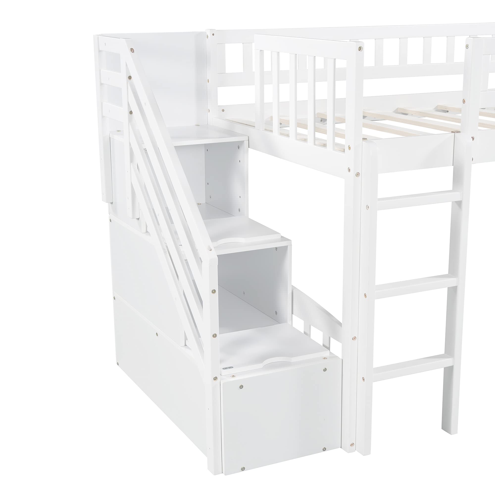 **White Twin Loft Bed with Slide & Stairs - Wooden Low Loft Bed Frame with Storage for Kids, Boys & Girls - Perfect for Small Rooms, Playrooms & Kids' Bedrooms**