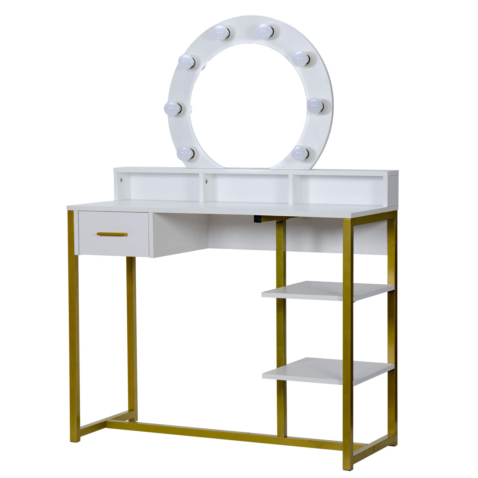 HGPZ White Steel Frame Dressing Table with Single Round Mirror, Drawer & Two-Layer Storage - Perfect for Bedroom, Living Room & Beauty Salon Makeup Vanity