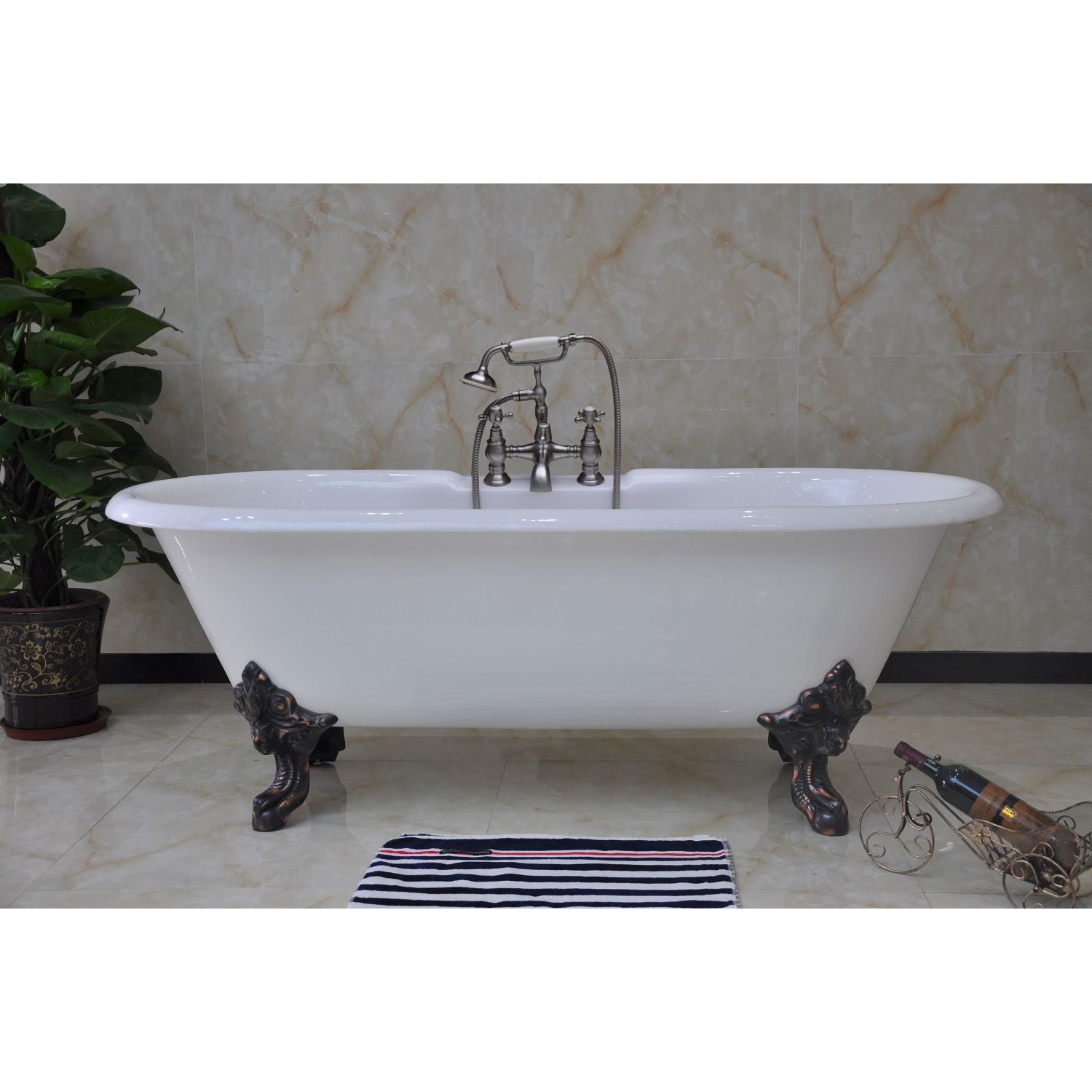Aqua Eden 72 Inch White Cast Iron Clawfoot Bathtub - Double Ended Oval Freestanding Tub with Oil Rubbed Bronze Feet (7