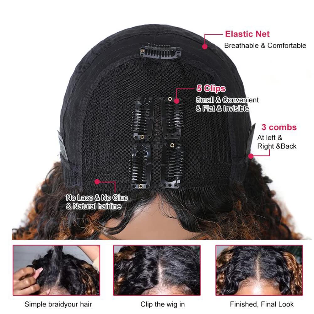 UNICE 20 Inch Human Hair V Part Wig - Curly No Leave Out Balayage Brown Highlight Glueless Clip-In Wig for Beginners (No Sew In, No Glue) | Perfect for Daily Wear, Parties & Special Occasions
