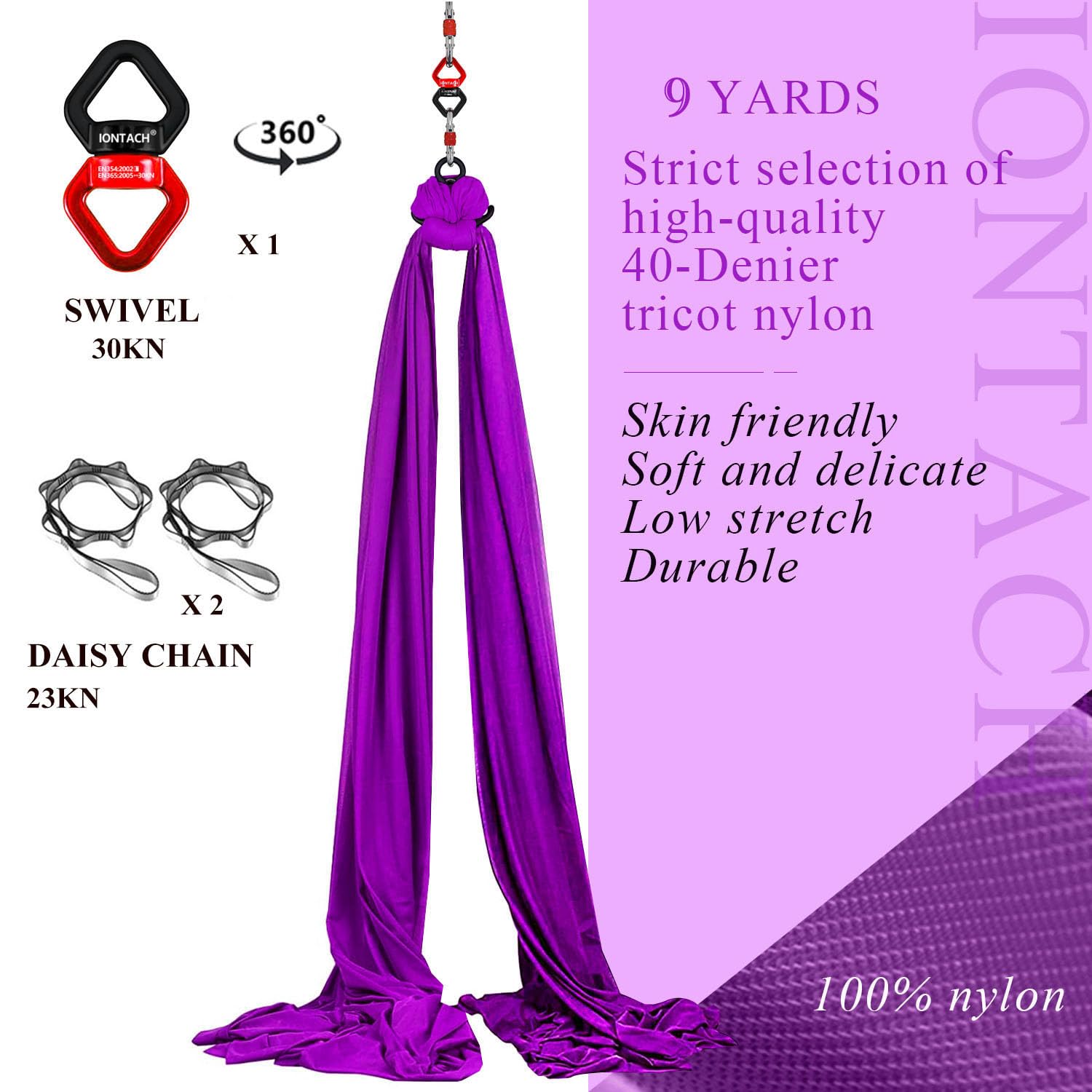IONTACH 9 Yards Aerial Yoga Hammock Kit - Low-Stretch Fabric Yoga Swing Set for Beginners with Full Accessories | Perfect for Home Gym, Dance Training & Aerial Silks Practice