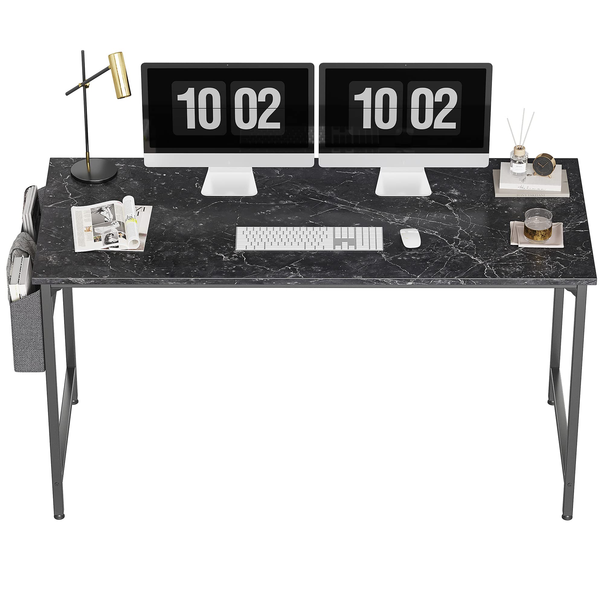 CubiCubi 63 Inch Modern Study Computer Desk - Home Office Writing Desk, Small PC Table with Black Metal Frame & Black Marble Top - Perfect for Work, Gaming & Online Learning