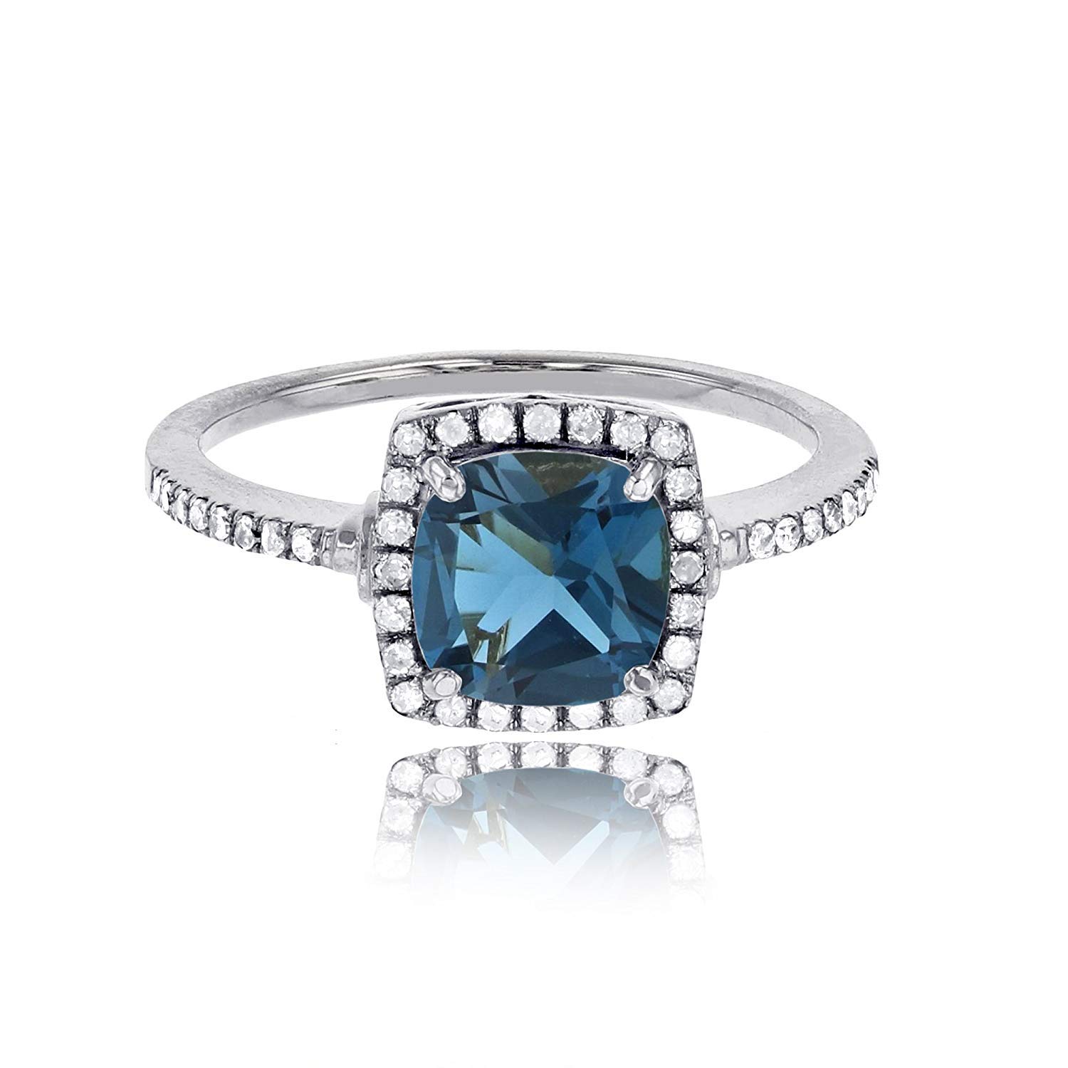 10K White Gold 7mm Cushion London Blue Topaz & 0.20 CTTW Diamond Halo Ring - Elegant Engagement, Wedding, Anniversary Jewelry Gift for Women