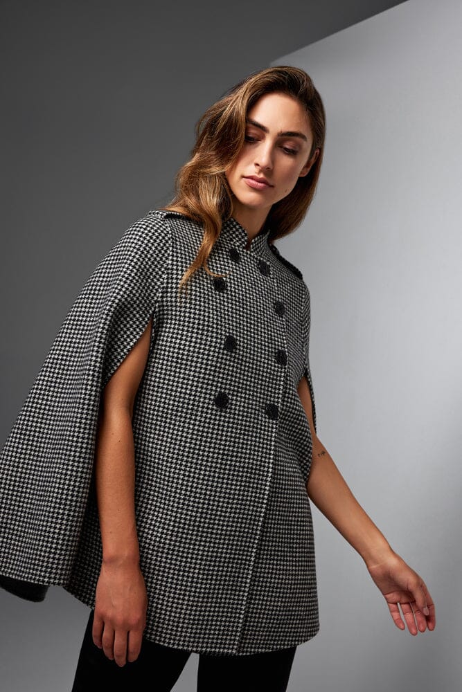 Juliana Cape - Black and White Houndstooth Double-Faced Wool Coat for Women | Elegant Fall & Winter Outerwear for Office, Parties, and Formal Events