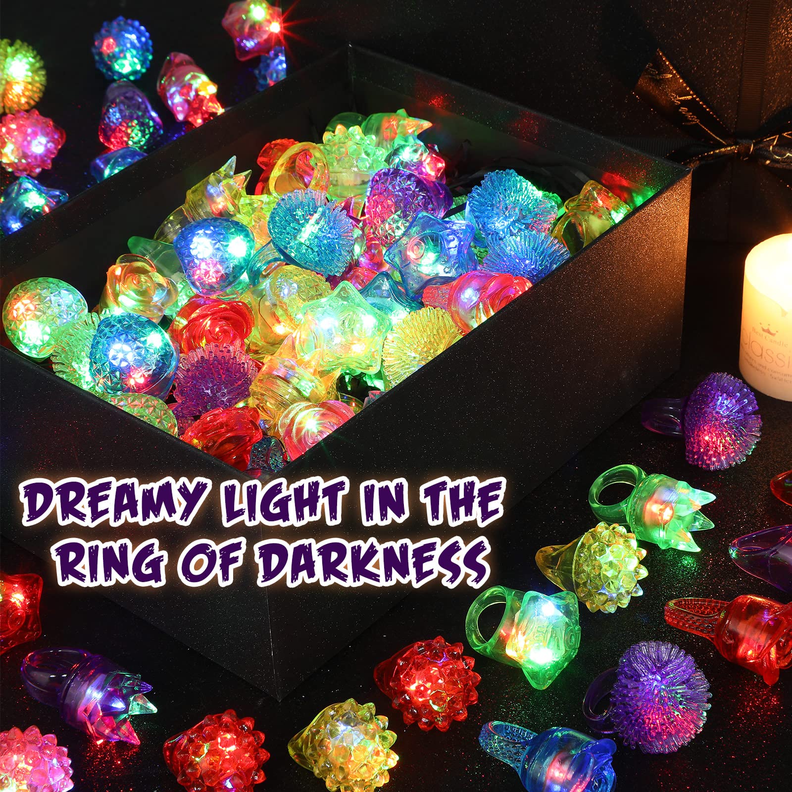 Leyndo 300 Pcs LED Light Up Rings - Glow in The Dark Party Favors, Bumpy Jelly Rubber Finger Lights for Kids Birthday, Christmas, Concerts & Night Events (Colorful Mixed Styles) - Perfect for Rave Parties, Halloween Costumes & Festive Celebrations