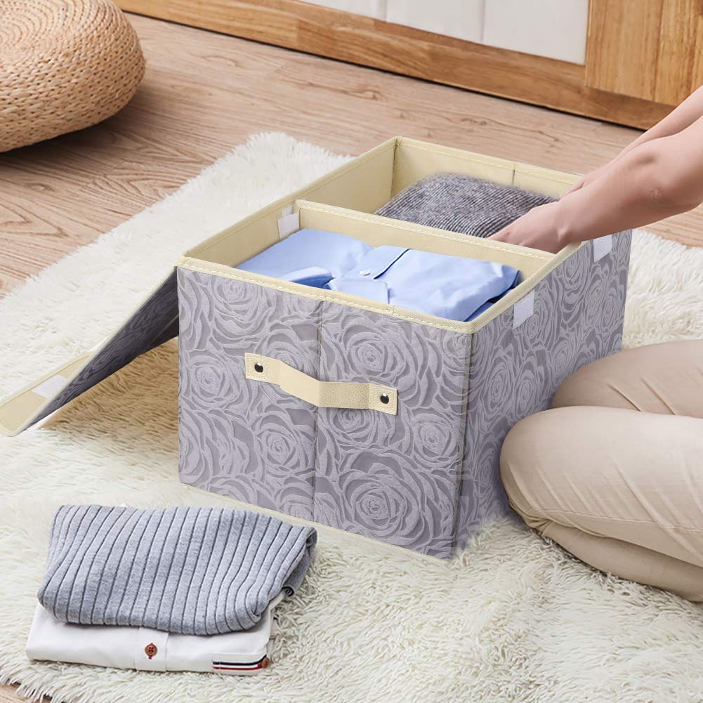 UUJOLY Large Storage Bins - Foldable Linen Fabric Basket Organizer with Lid & Handles for Home Office Closet Bedroom Nursery - Rose Grey Storage Box for Toys, Blankets & Clothes Organization
