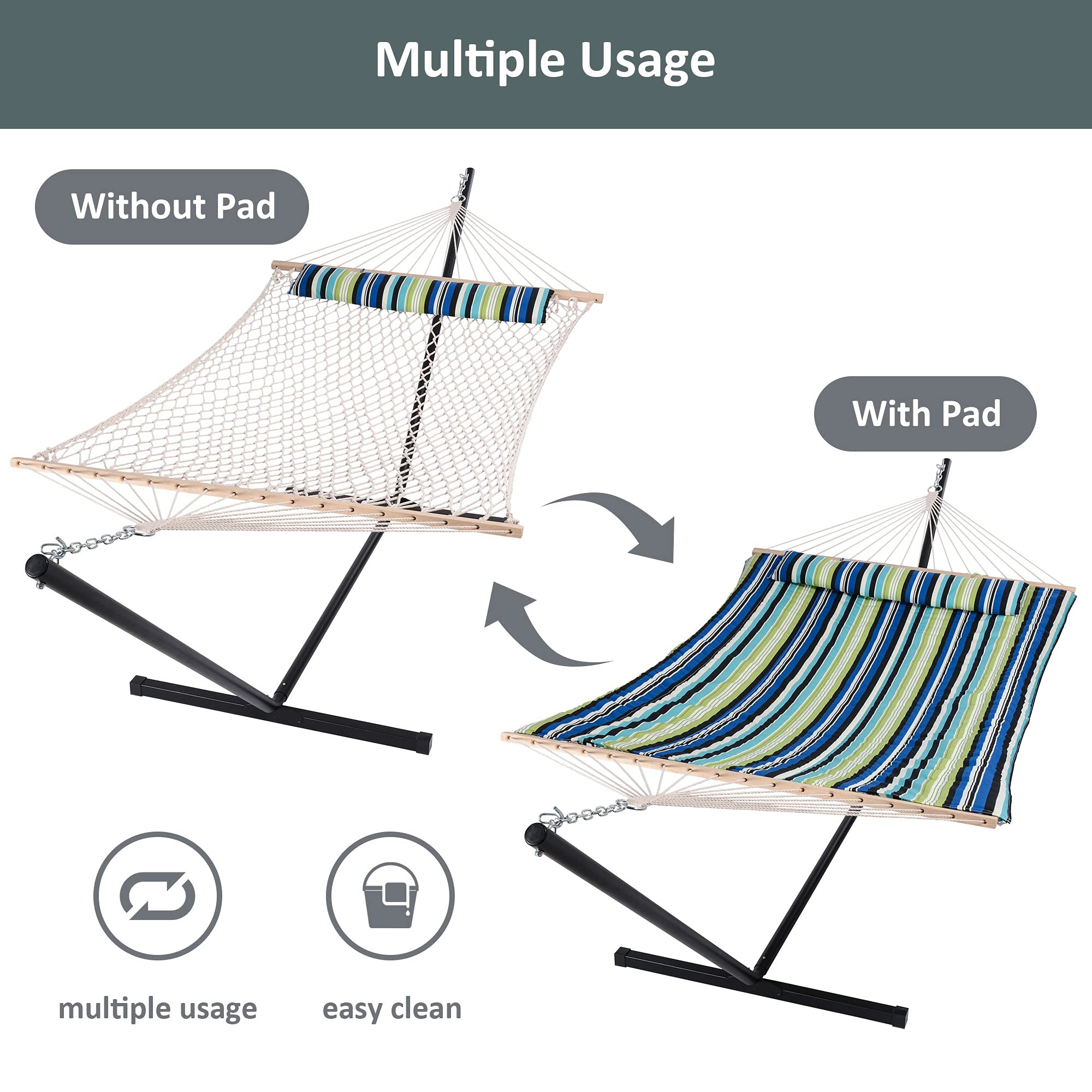 SUNCREAT Heavy Duty Double Hammock with Steel Stand - Cotton Rope & Polyester Pad - Blue & Green Outdoor Hammock for Backyard, Patio, Camping, Beach Relaxation