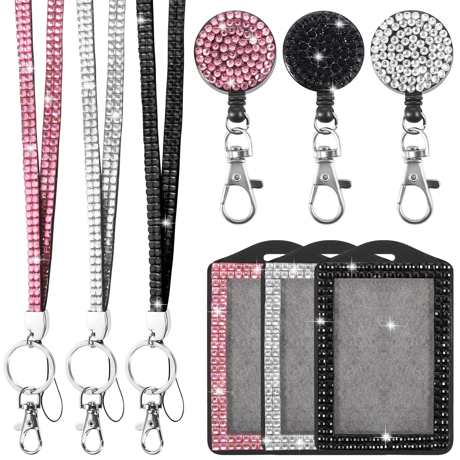 3-Pack Rhinestone Lanyards for Women - Bling ID Badge Holders for Teachers, Students & Kids - Office & School Use