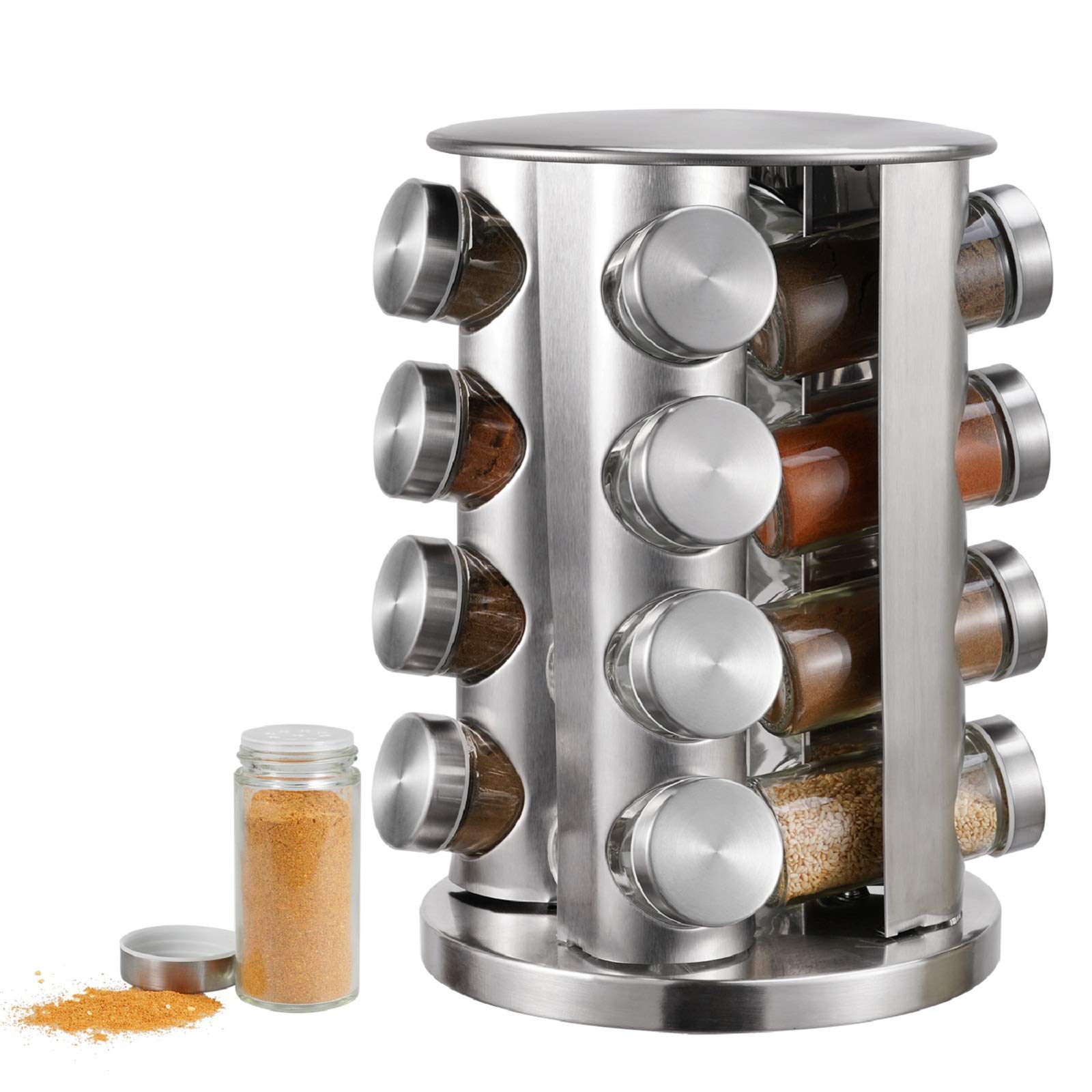 KZH 16-Jar Stainless Steel Spice Rack Organizer - Revolving Carousel Tower with Spice Jars - Countertop Kitchen Storage for Spices & Seasonings - Perfect for Home, Restaurant & Cooking Enthusiasts