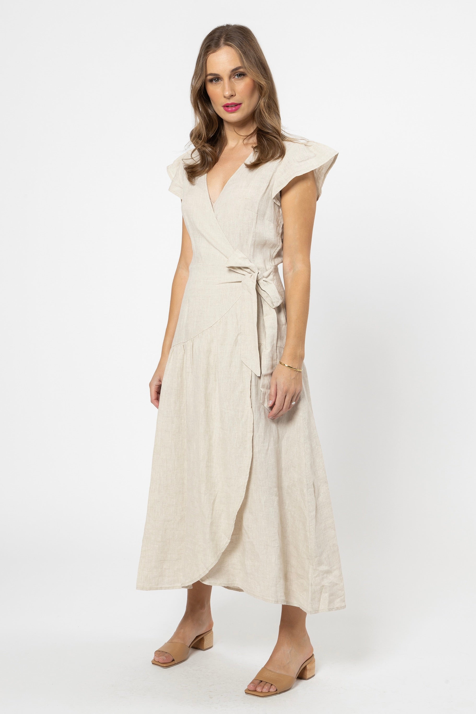 Romantic Natural Linen Flutter Sleeve Maxi Wrap Dress for Women - Boho Summer Beach Dress for Vacation, Date Night & Outdoor Parties