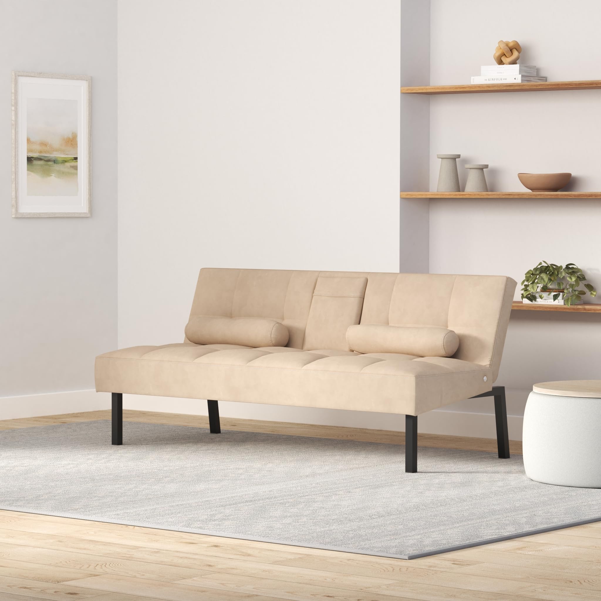 Panana Modern Convertible Futon Sofa Bed - Linen Fabric Upholstered, 5-Angle Adjustable with 2 Cup Holders, Beige | Space-Saving Daybed & Guest Bed for Small Apartments, Dorms & Home Offices