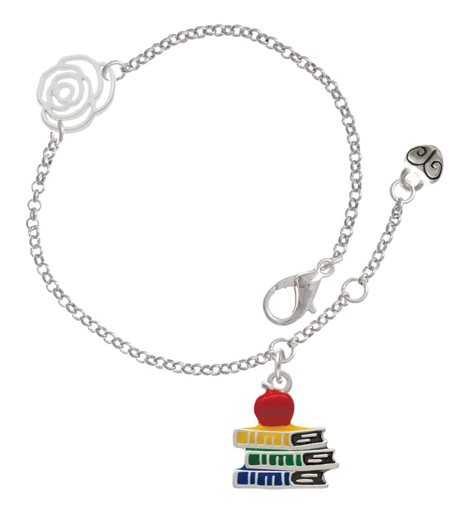 Silver-Tone Rose Link Charm Bracelet with Apple & School Book Charms - Adjustable 6.25